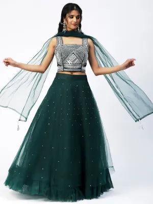 Bottle Green Georgette Lehenga With Embroidery