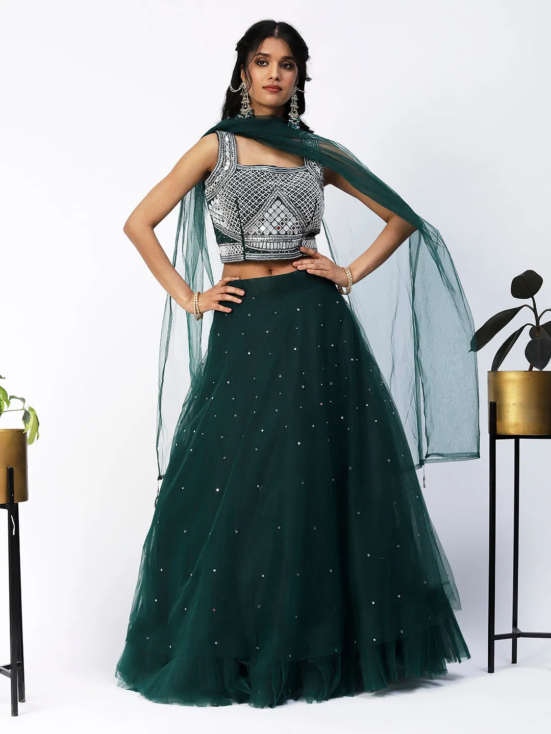 Bottle Green Georgette Lehenga With Embroidery