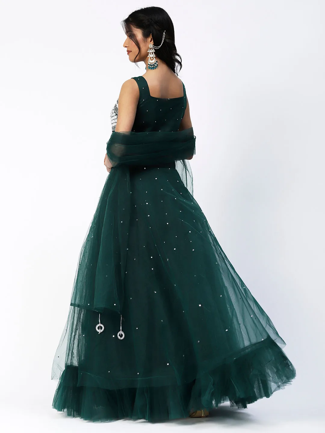 Bottle Green Georgette Lehenga With Embroidery