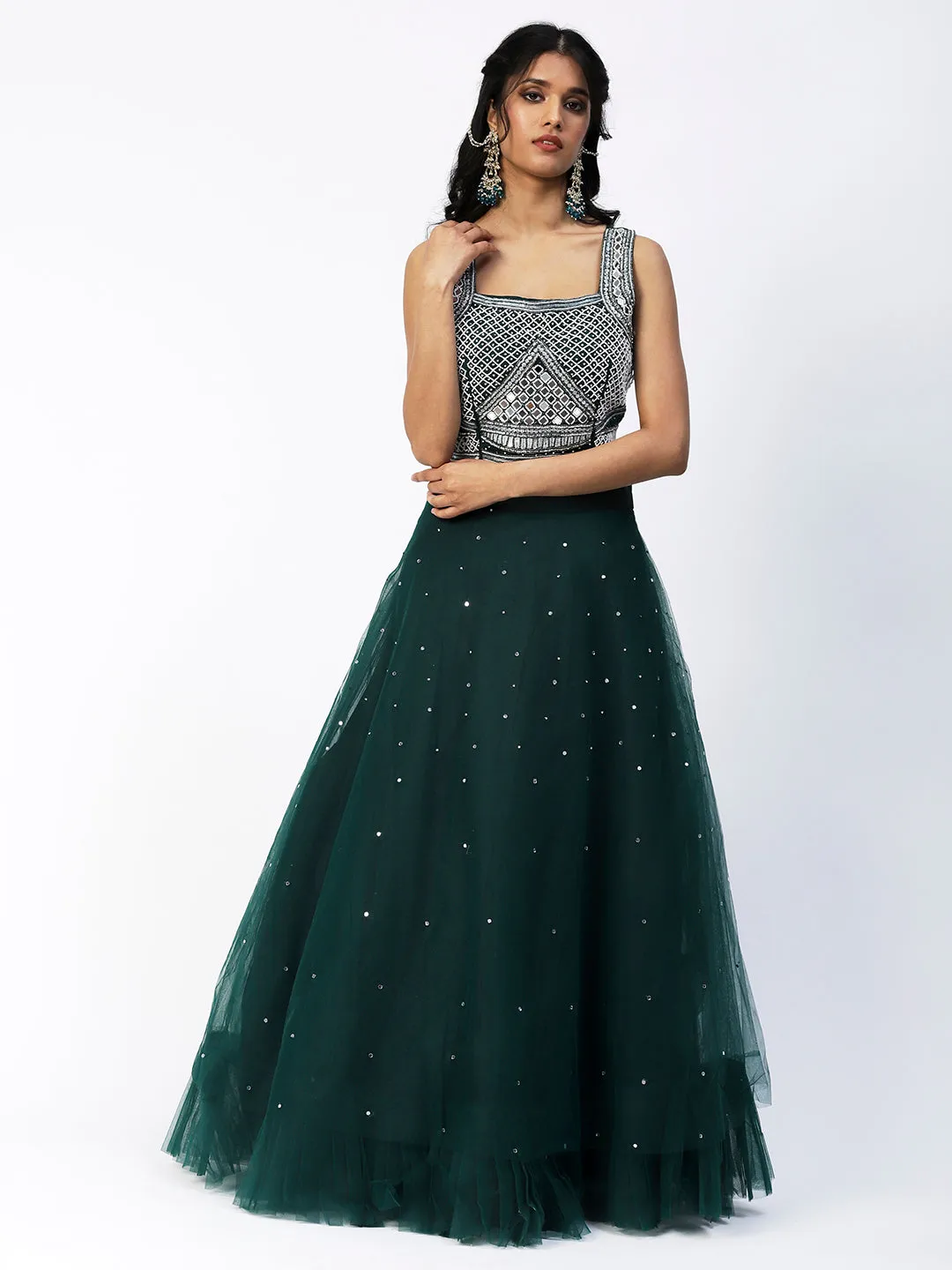 Bottle Green Georgette Lehenga With Embroidery