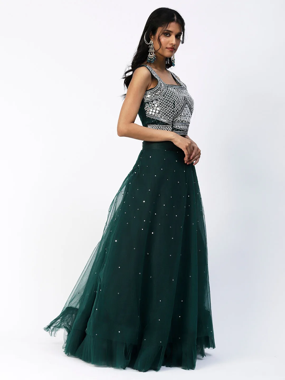 Bottle Green Georgette Lehenga With Embroidery