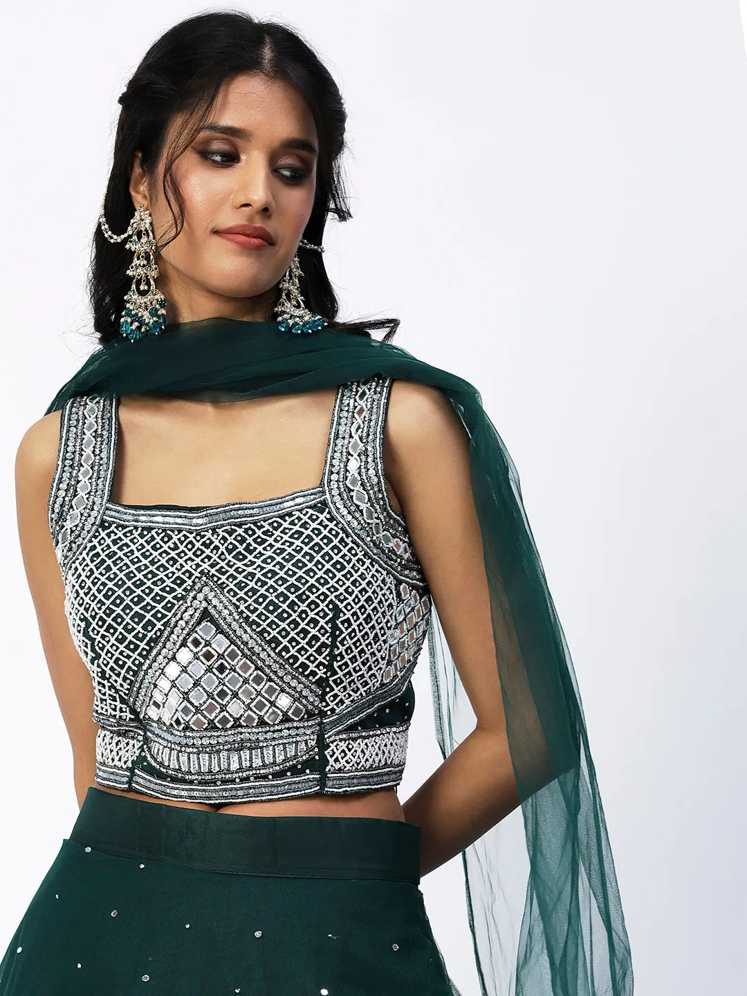 Bottle Green Georgette Lehenga With Embroidery