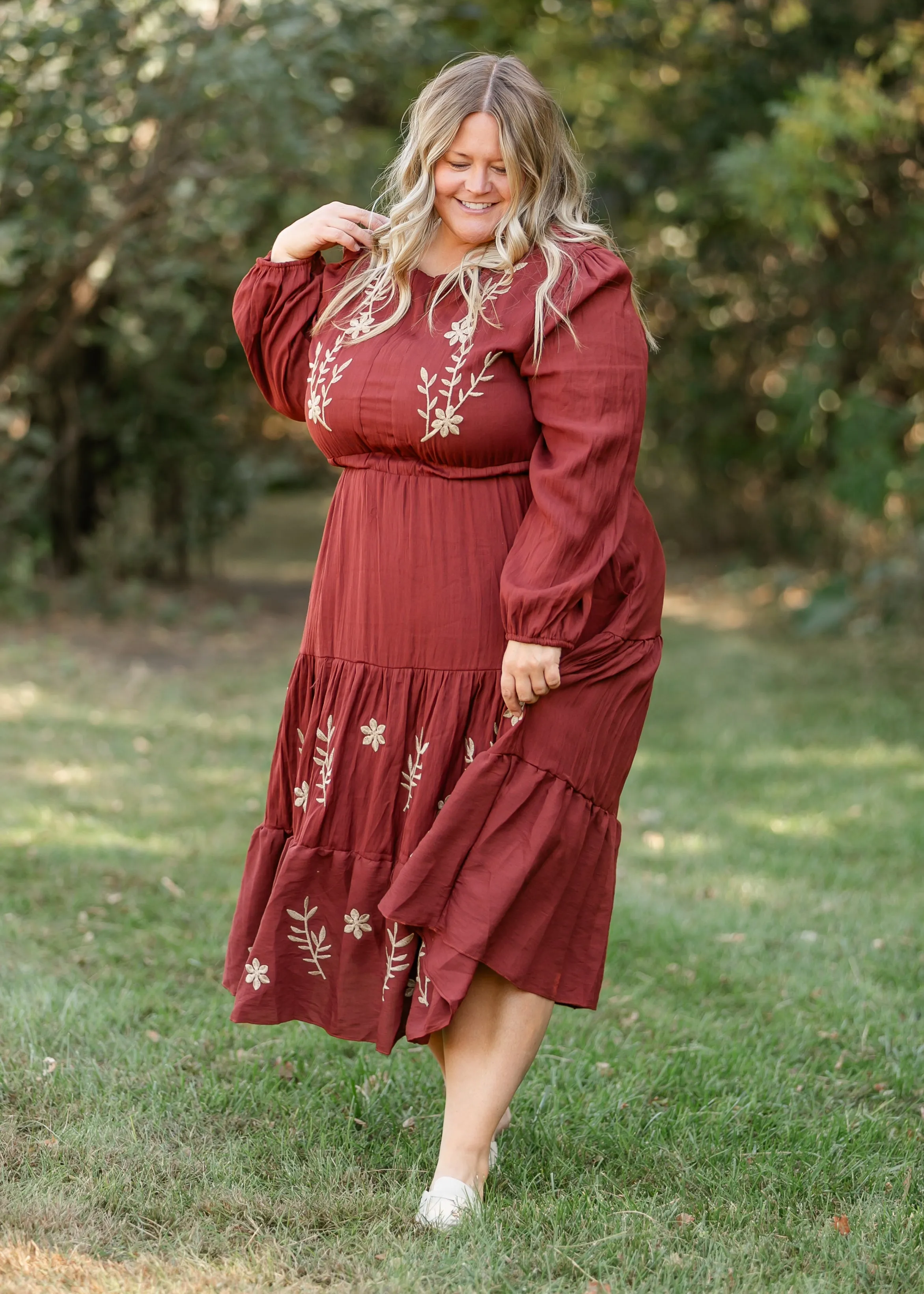 Burgundy Embroidered Long Sleeve Maxi Dress