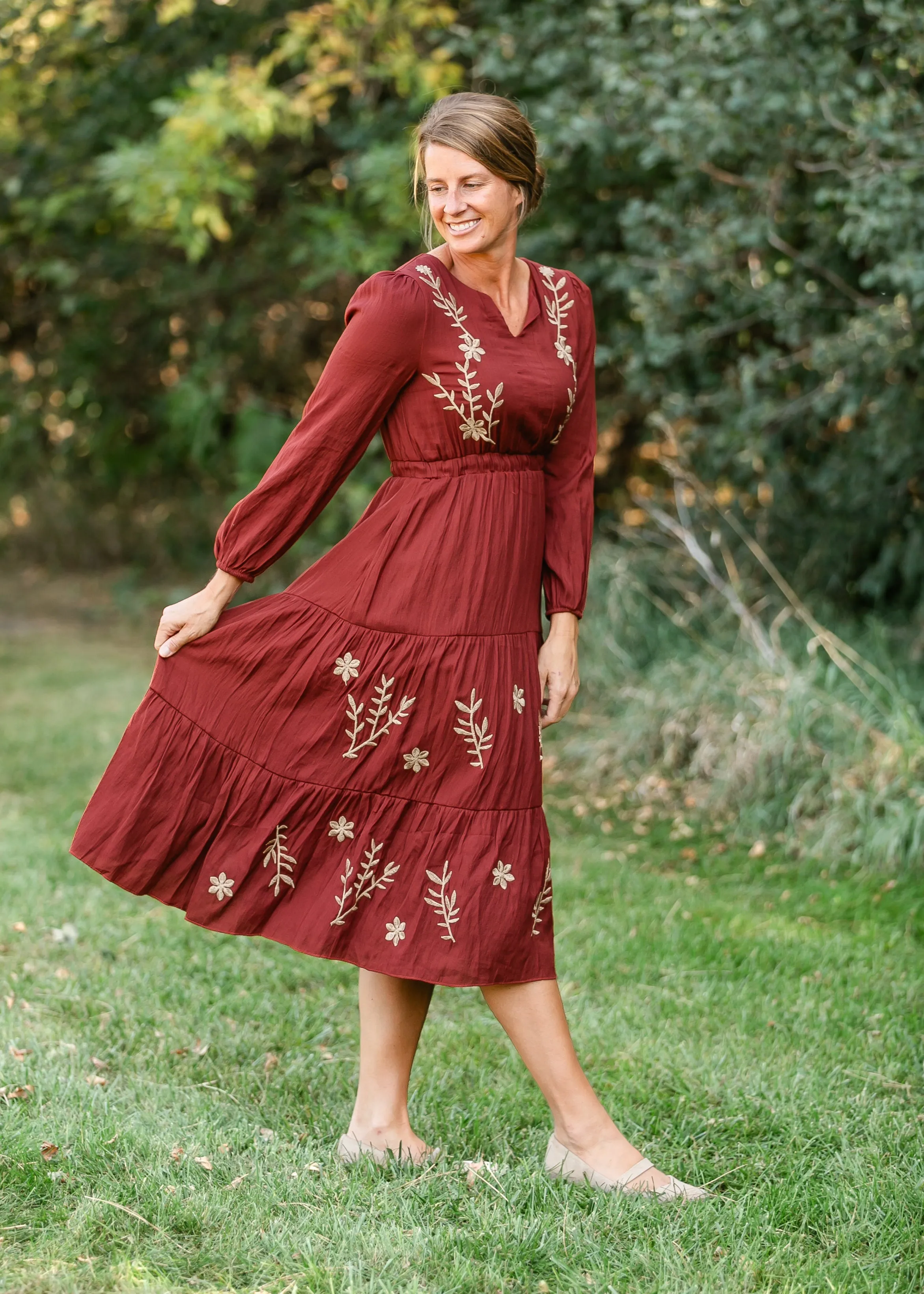 Burgundy Embroidered Long Sleeve Maxi Dress