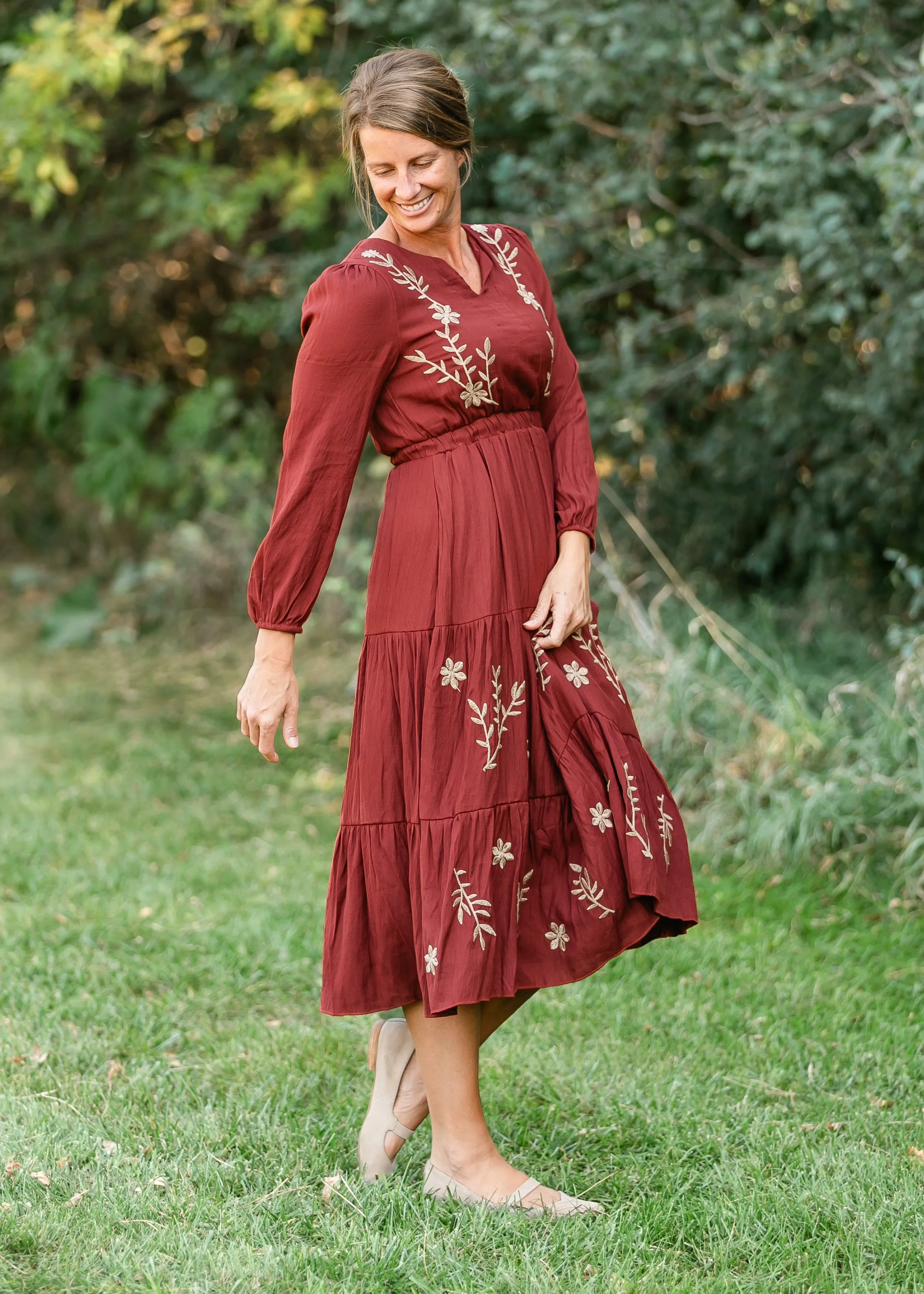 Burgundy Embroidered Long Sleeve Maxi Dress