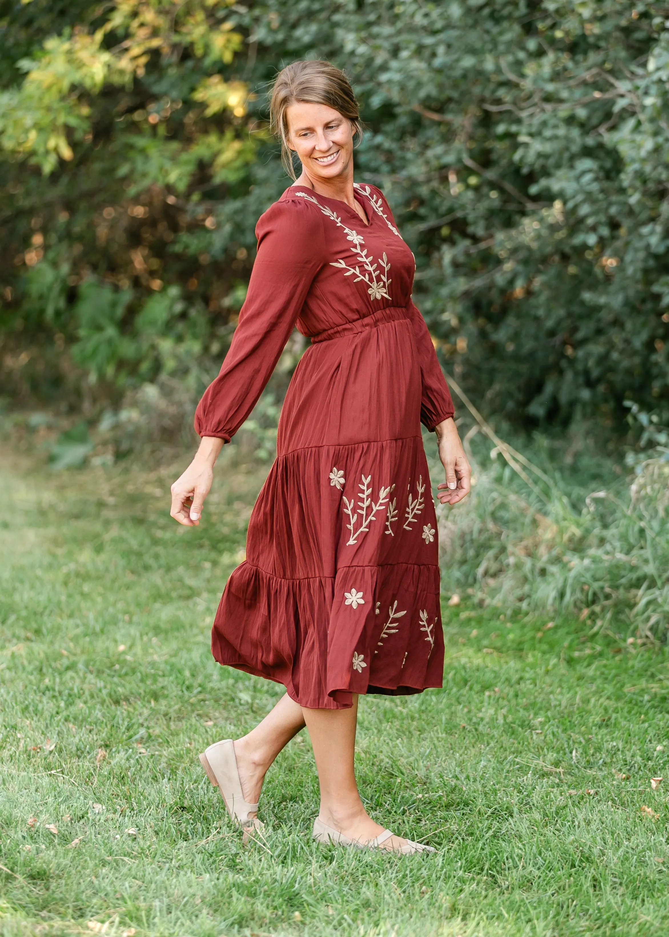 Burgundy Embroidered Long Sleeve Maxi Dress