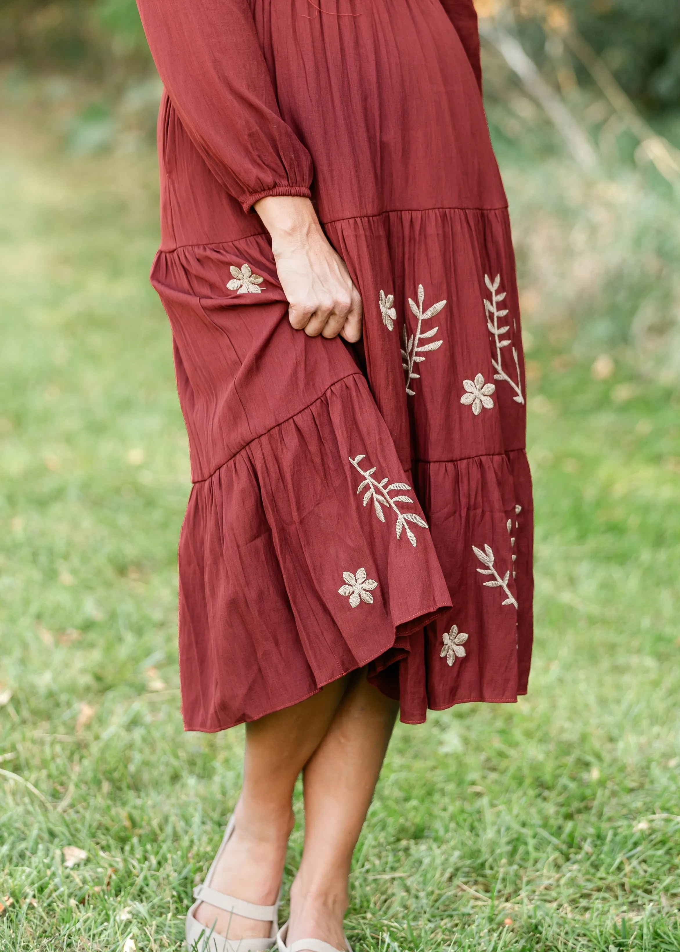 Burgundy Embroidered Long Sleeve Maxi Dress