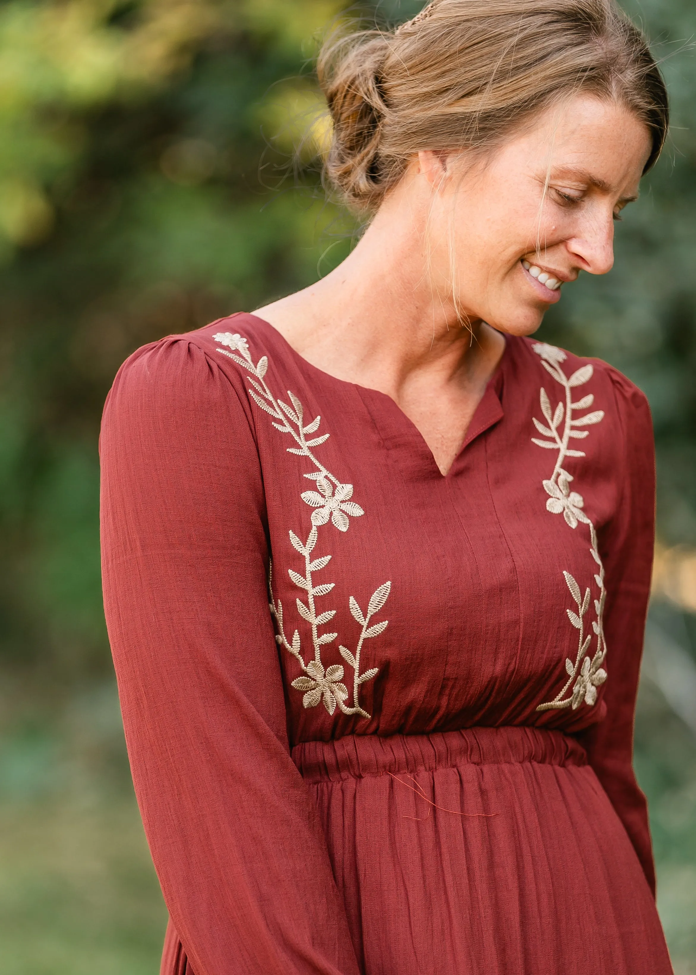 Burgundy Embroidered Long Sleeve Maxi Dress