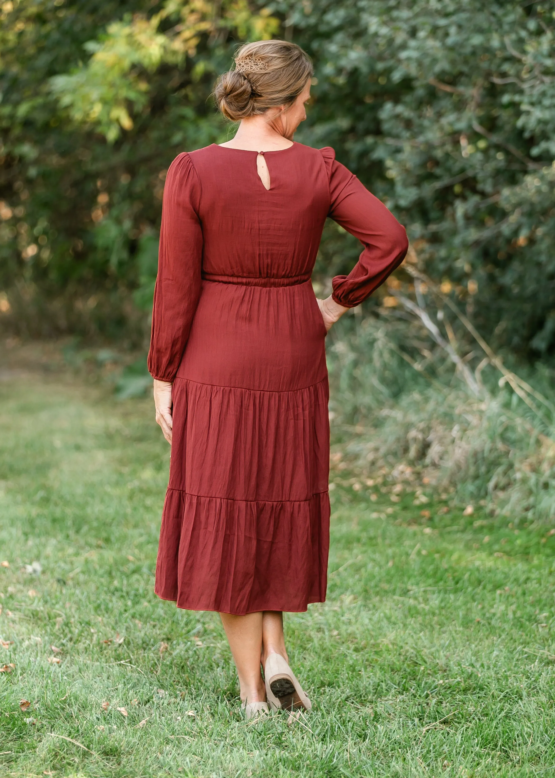 Burgundy Embroidered Long Sleeve Maxi Dress