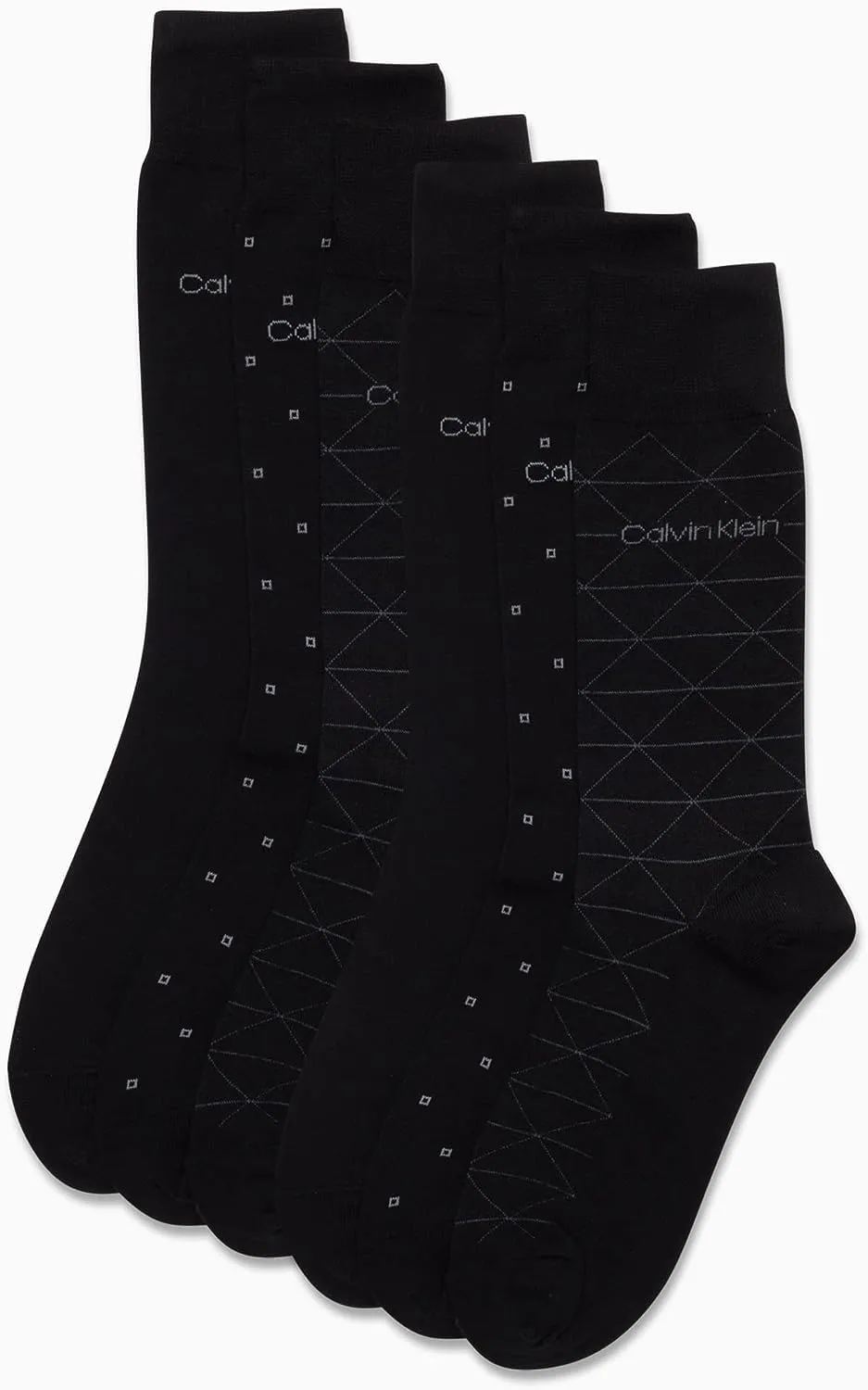 Calvin Klein Men's 6 Pack Mixed Pattern Dress Socks, Size 4-12, Black Assorted