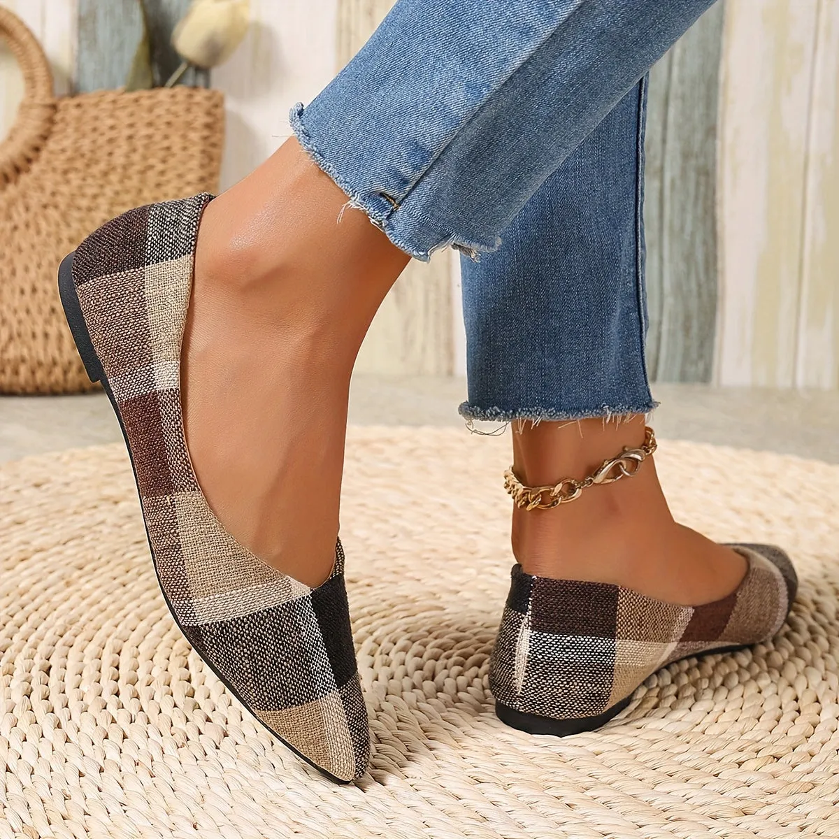 Chique slip-on flats voor dames - comfortabel, lichtgewicht, elegant ruitpatroon