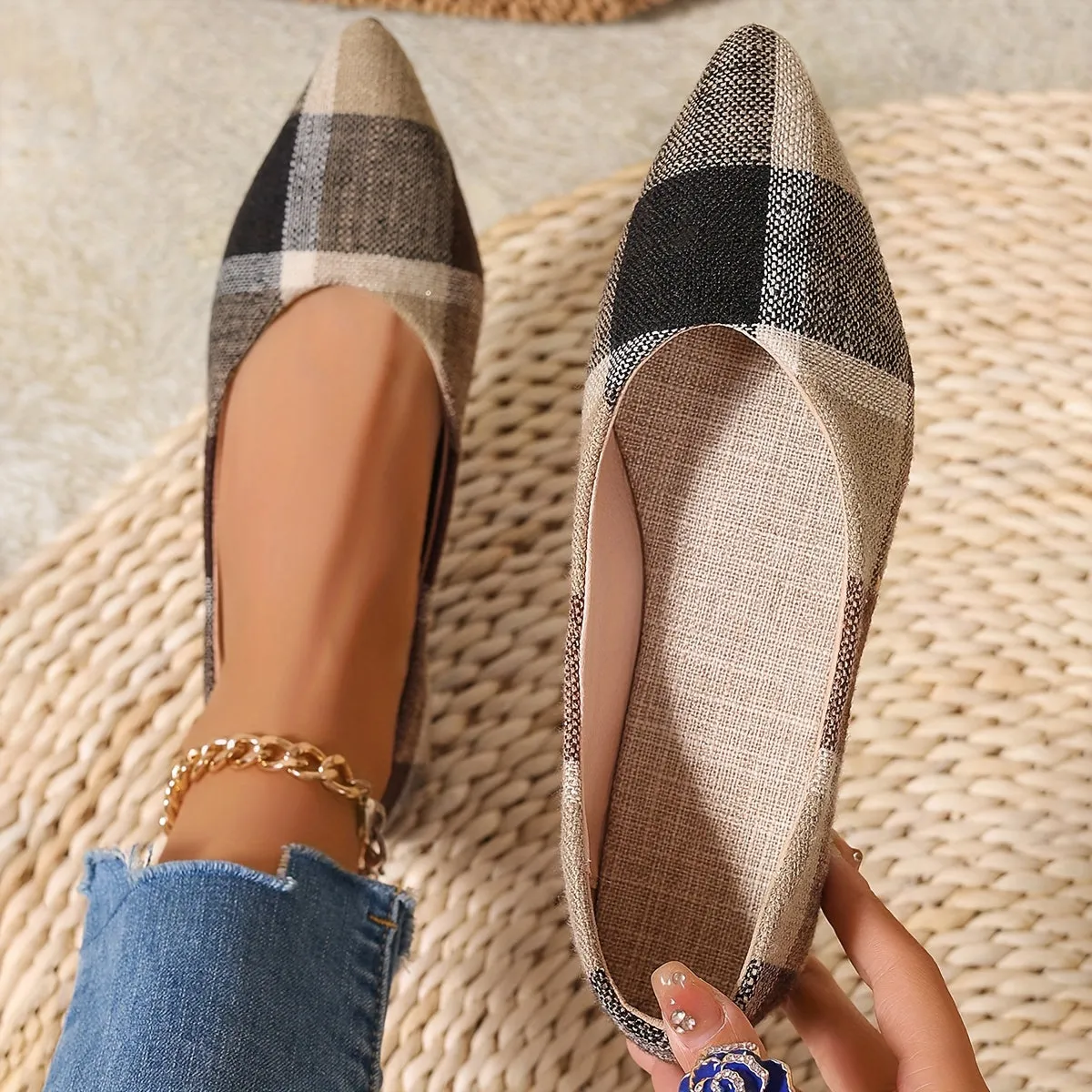 Chique slip-on flats voor dames - comfortabel, lichtgewicht, elegant ruitpatroon