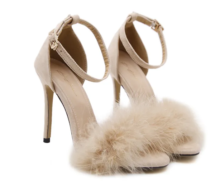 Fur Decorate Ankle Wrap Open Toe Stiletto High Heels Sandals