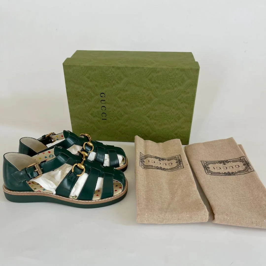 Gucci Green Leather Horsebit Sandals Children, size 27
