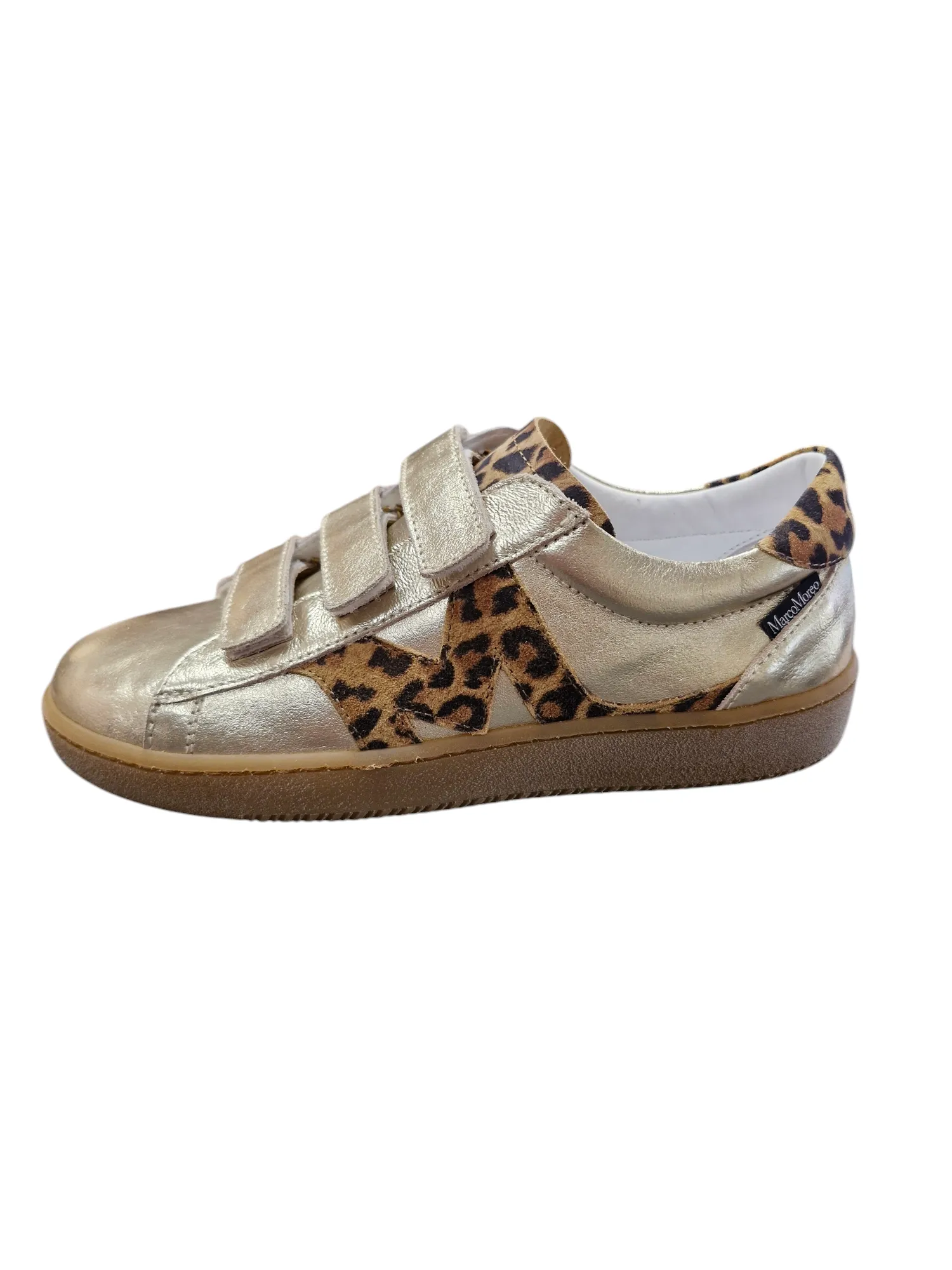 Marco Morro metallic gold sneaker with leopard-print suede and velcro straps
