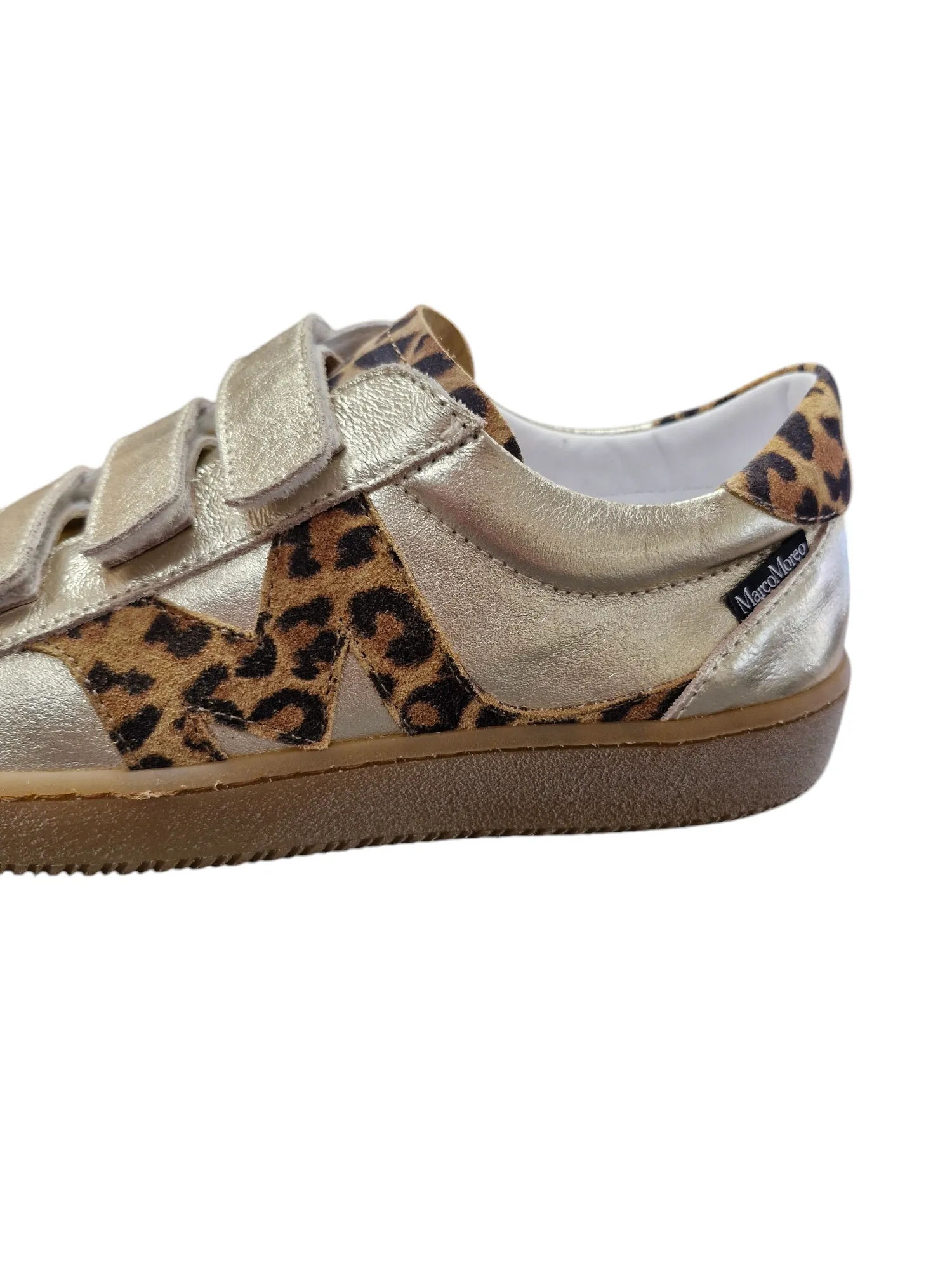 Marco Morro metallic gold sneaker with leopard-print suede and velcro straps