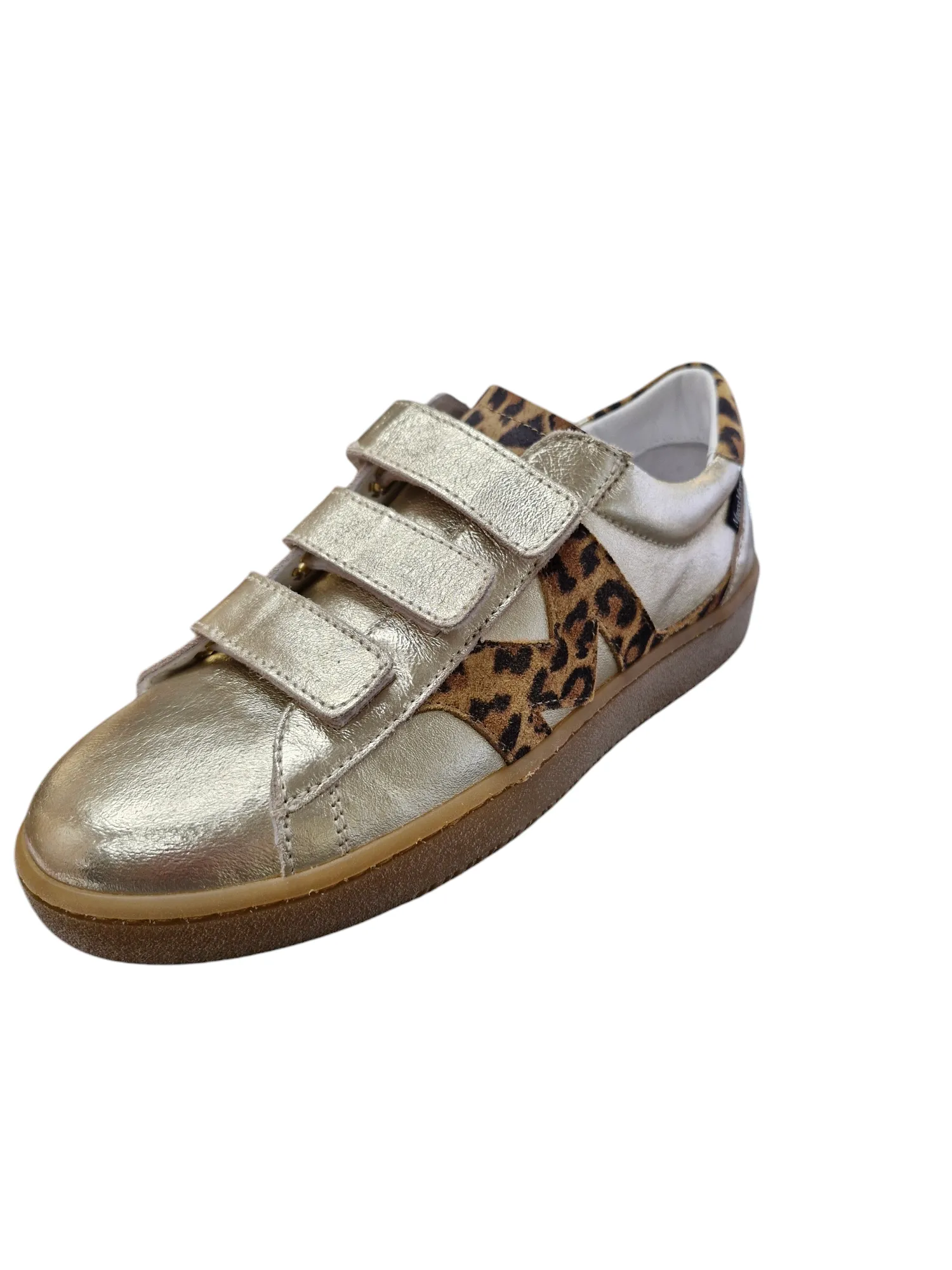 Marco Morro metallic gold sneaker with leopard-print suede and velcro straps