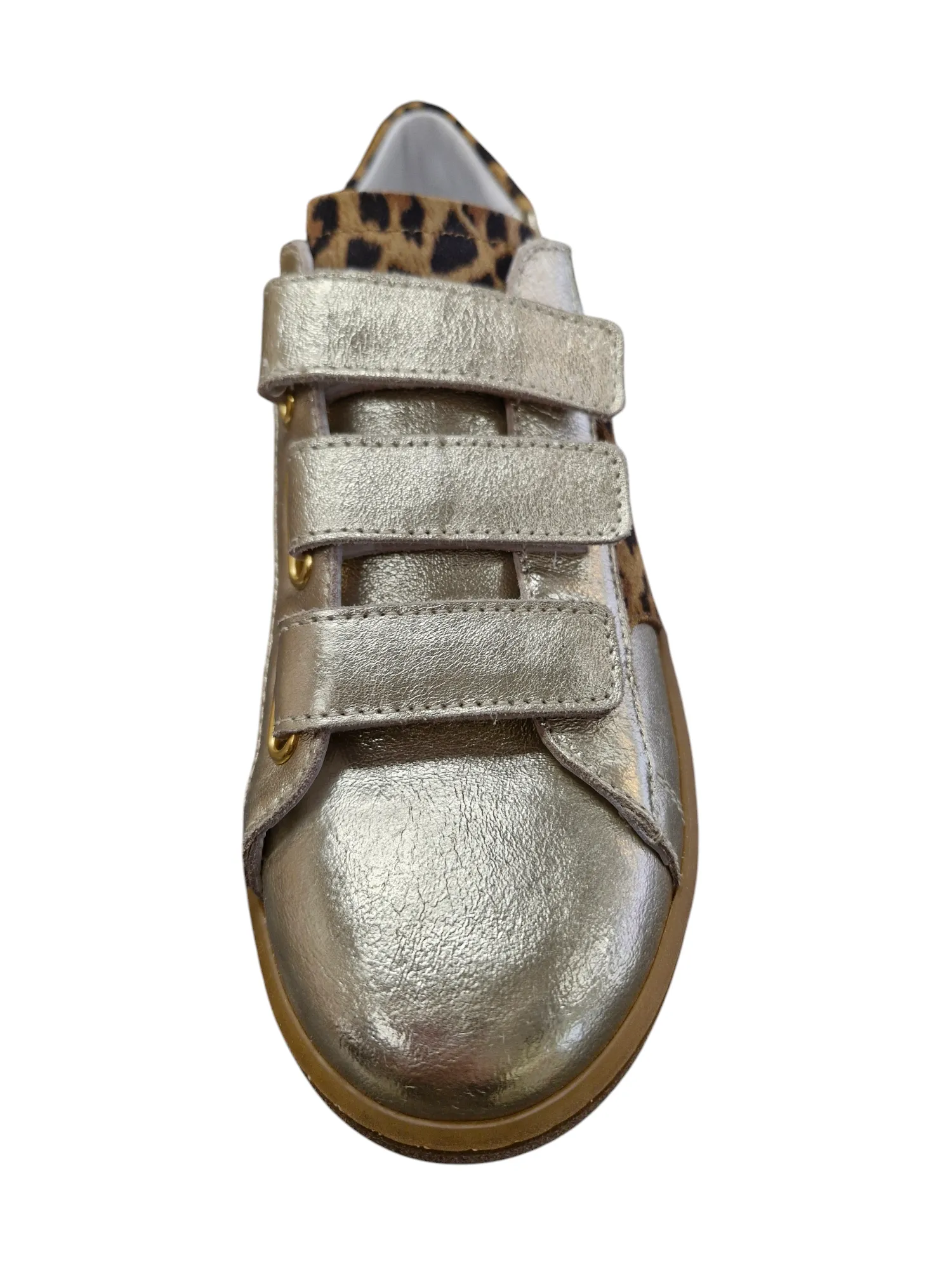 Marco Morro metallic gold sneaker with leopard-print suede and velcro straps
