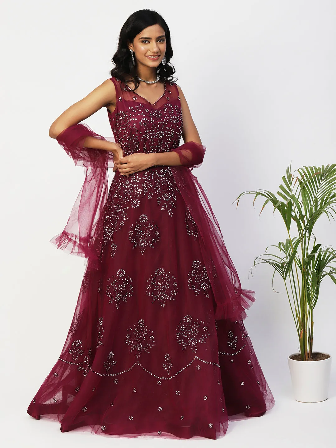 Maroon Mesh Gown with Glass Work