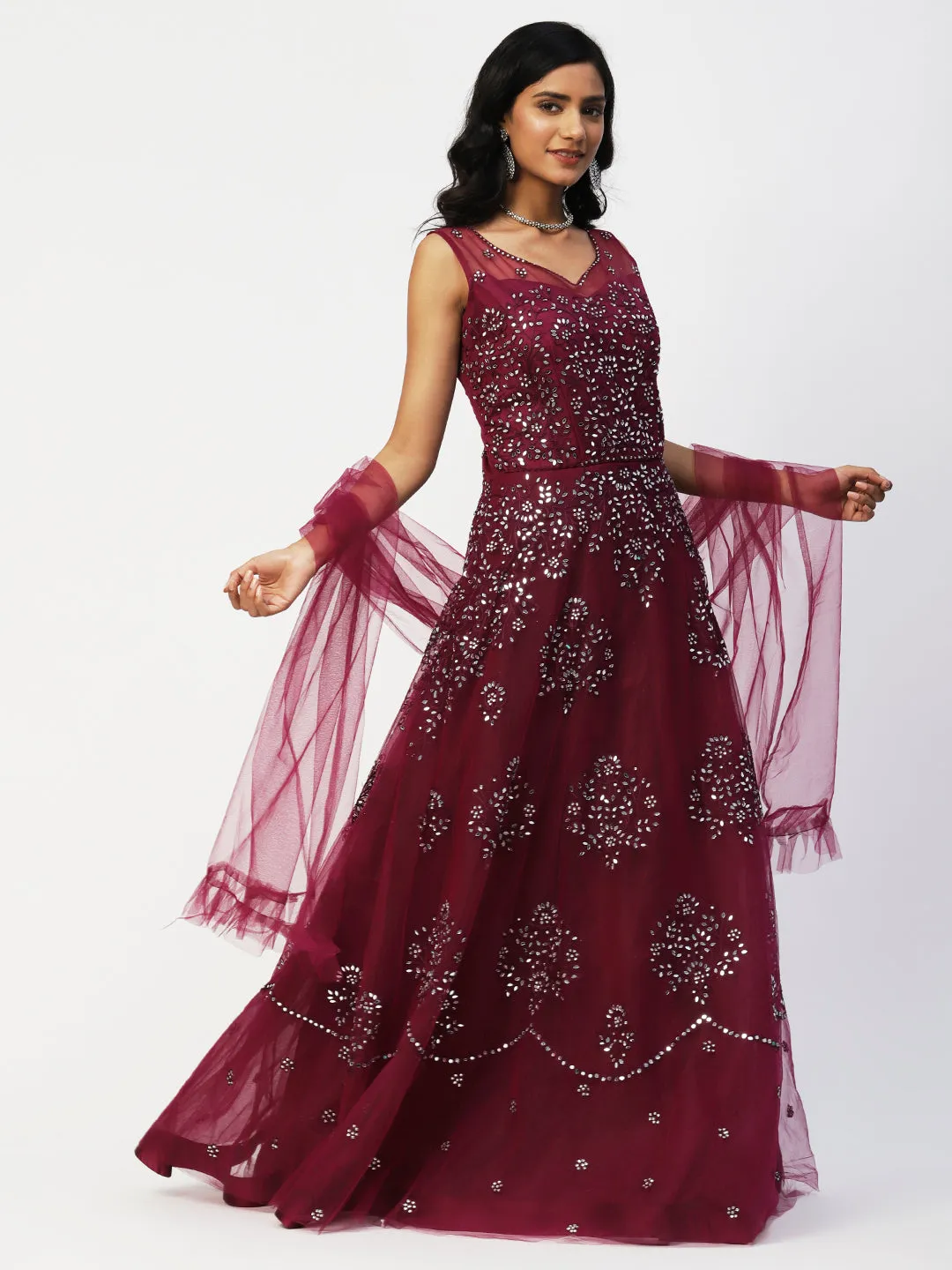 Maroon Mesh Gown with Glass Work