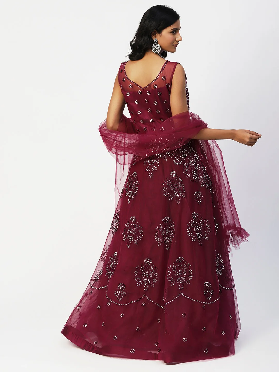 Maroon Mesh Gown with Glass Work