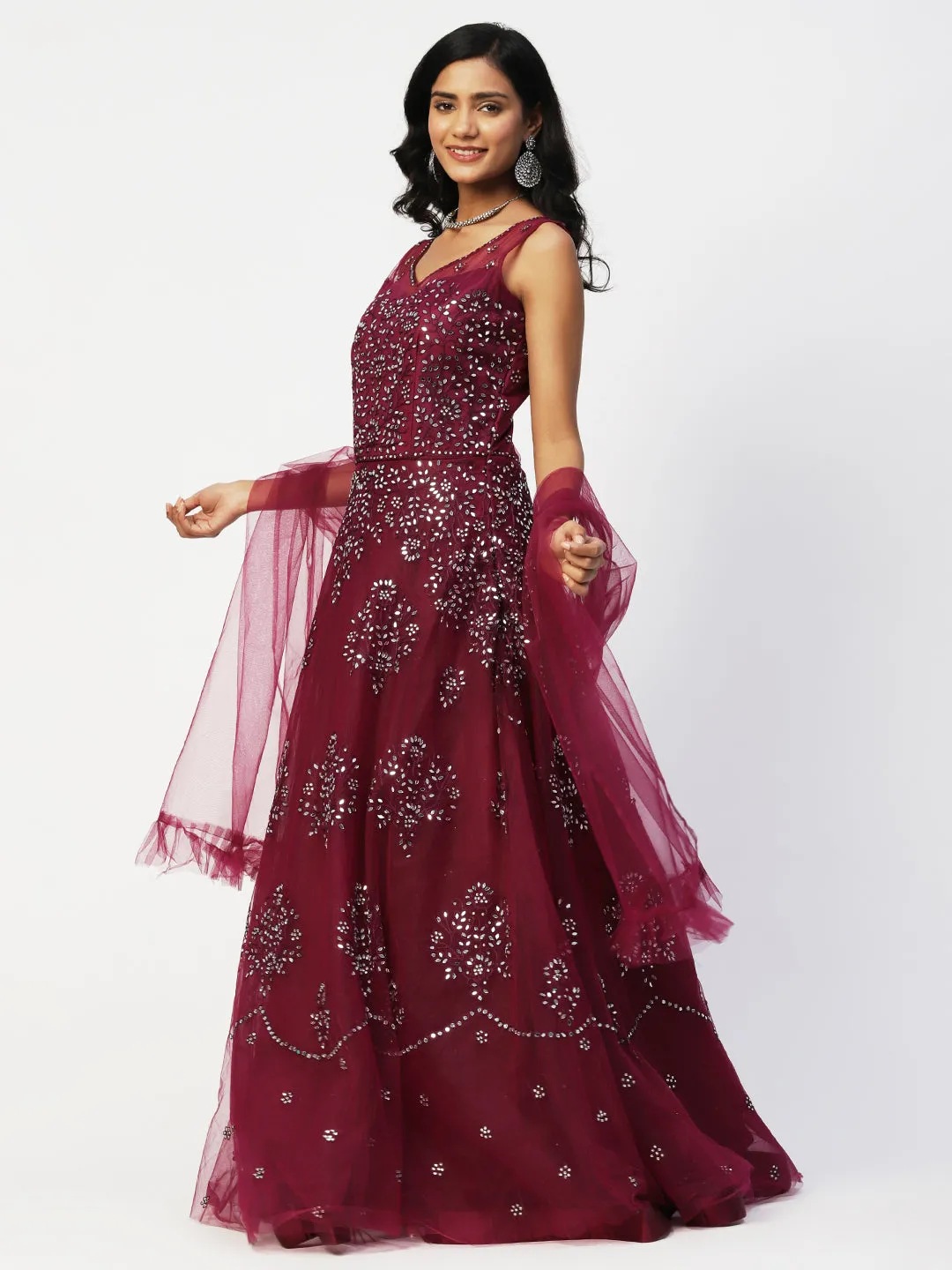 Maroon Mesh Gown with Glass Work