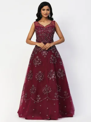 Maroon Mesh Gown with Glass Work