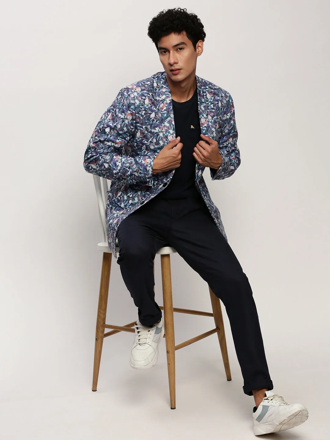 Men White Geometric Printed Slim-Fit Single-Breasted Cotton Blazer