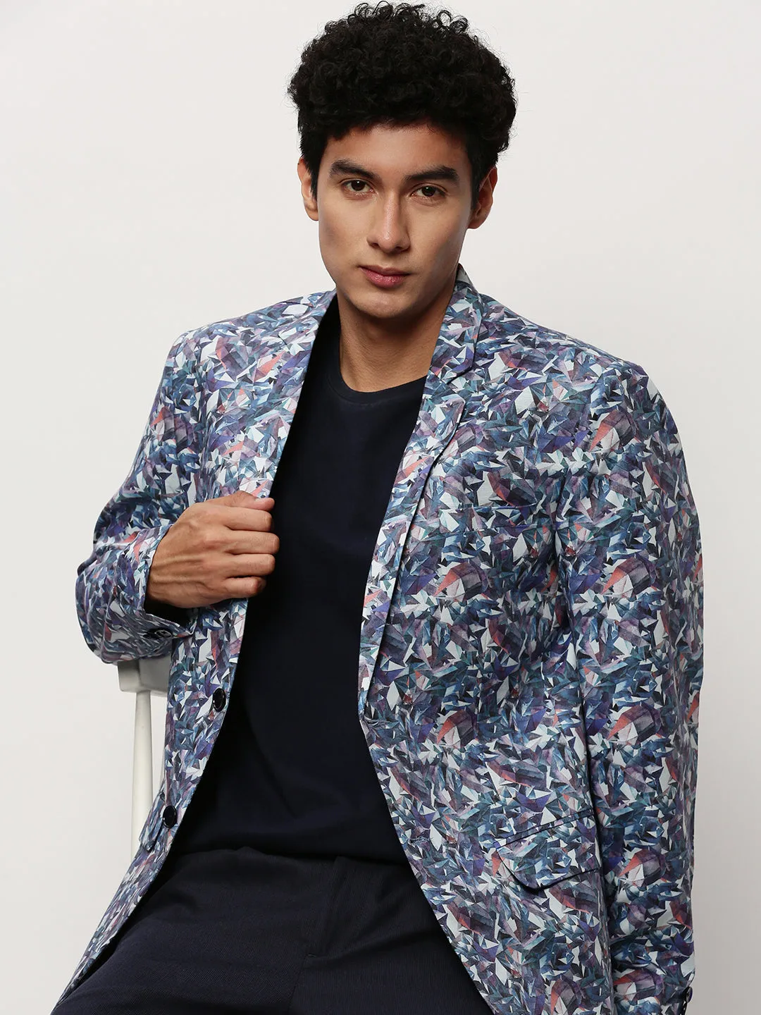 Men White Geometric Printed Slim-Fit Single-Breasted Cotton Blazer