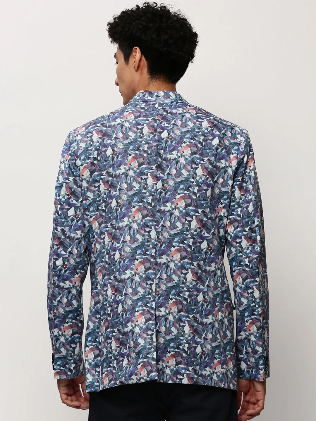 Men White Geometric Printed Slim-Fit Single-Breasted Cotton Blazer