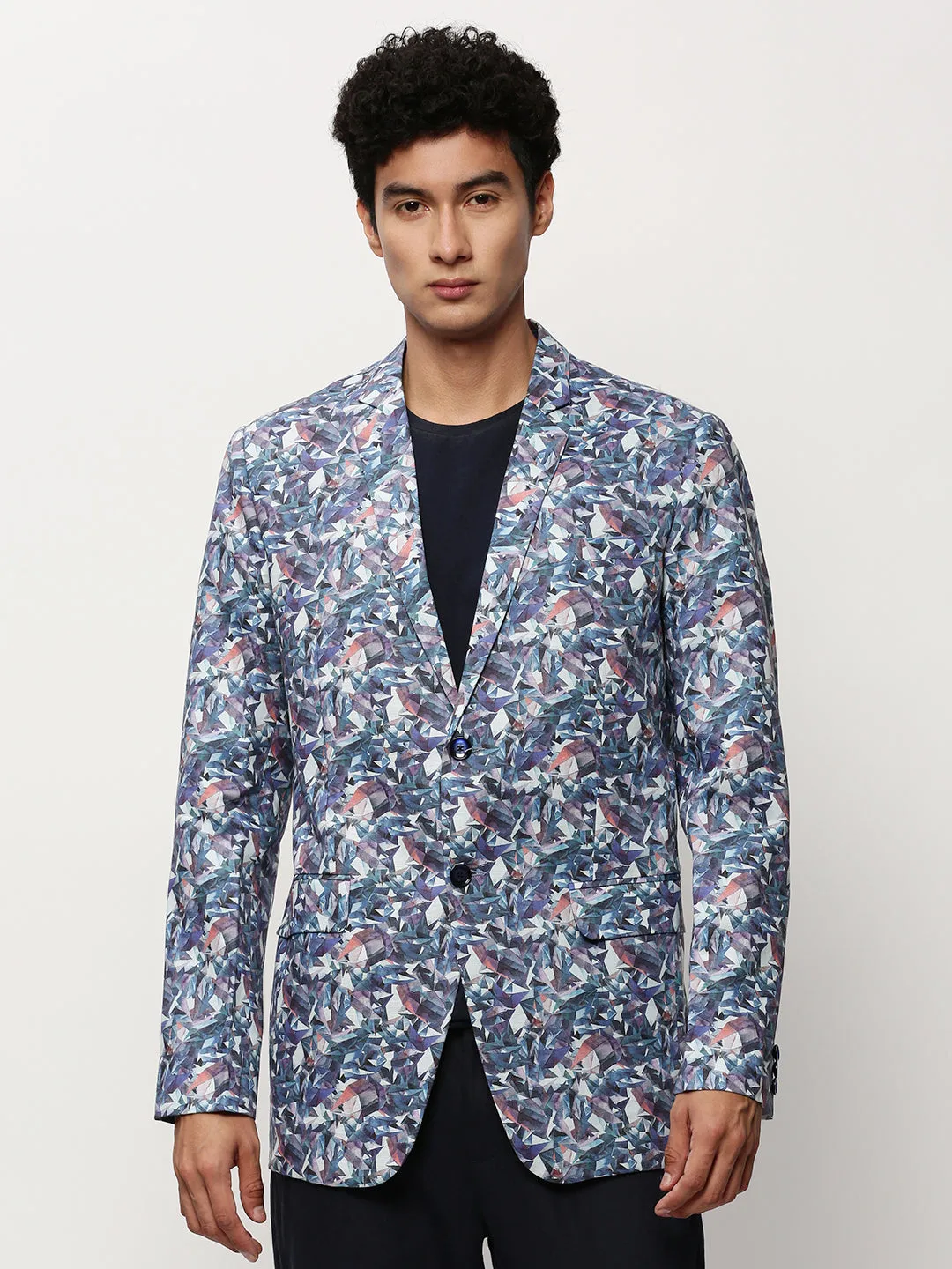 Men White Geometric Printed Slim-Fit Single-Breasted Cotton Blazer