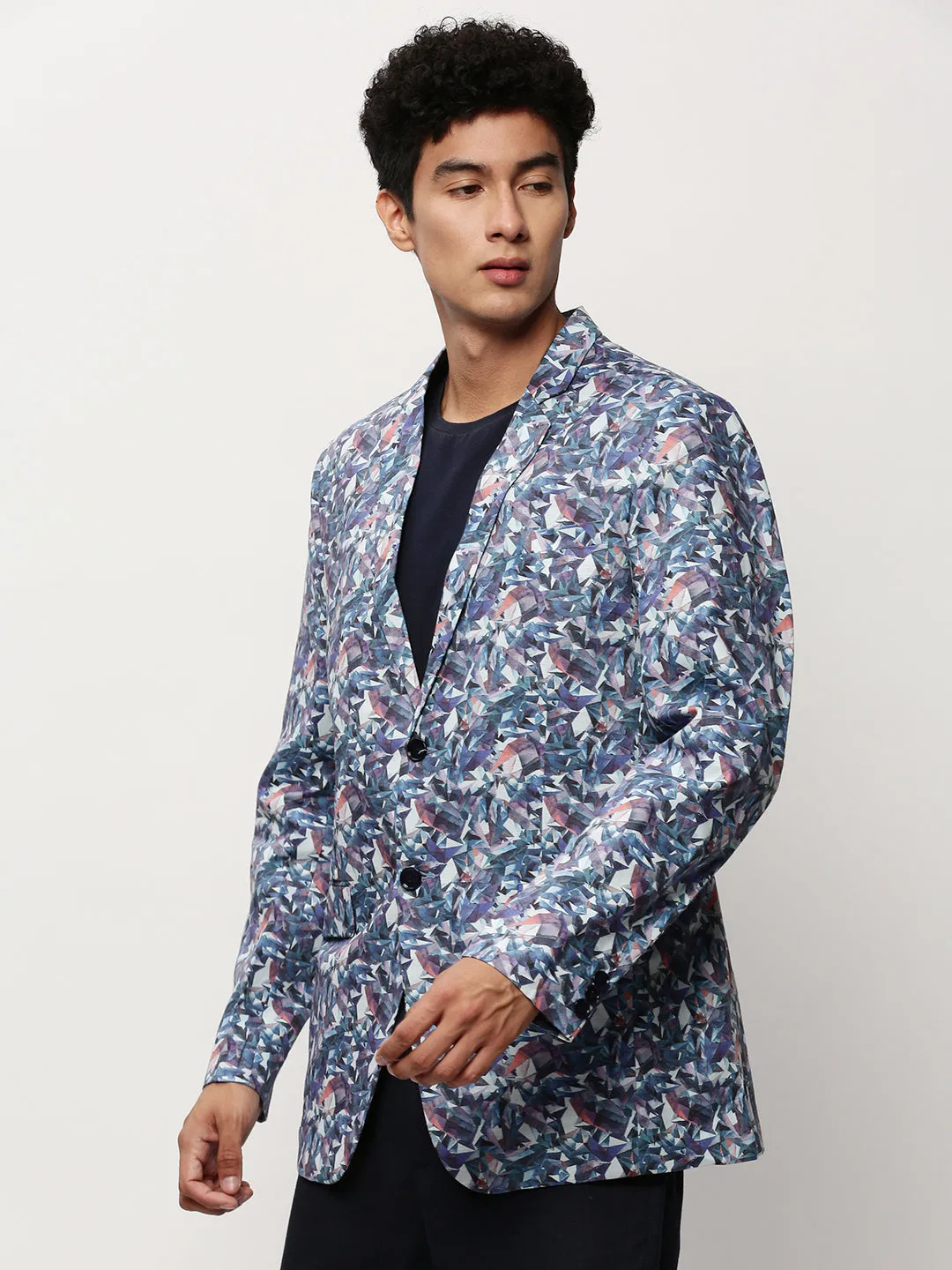 Men White Geometric Printed Slim-Fit Single-Breasted Cotton Blazer