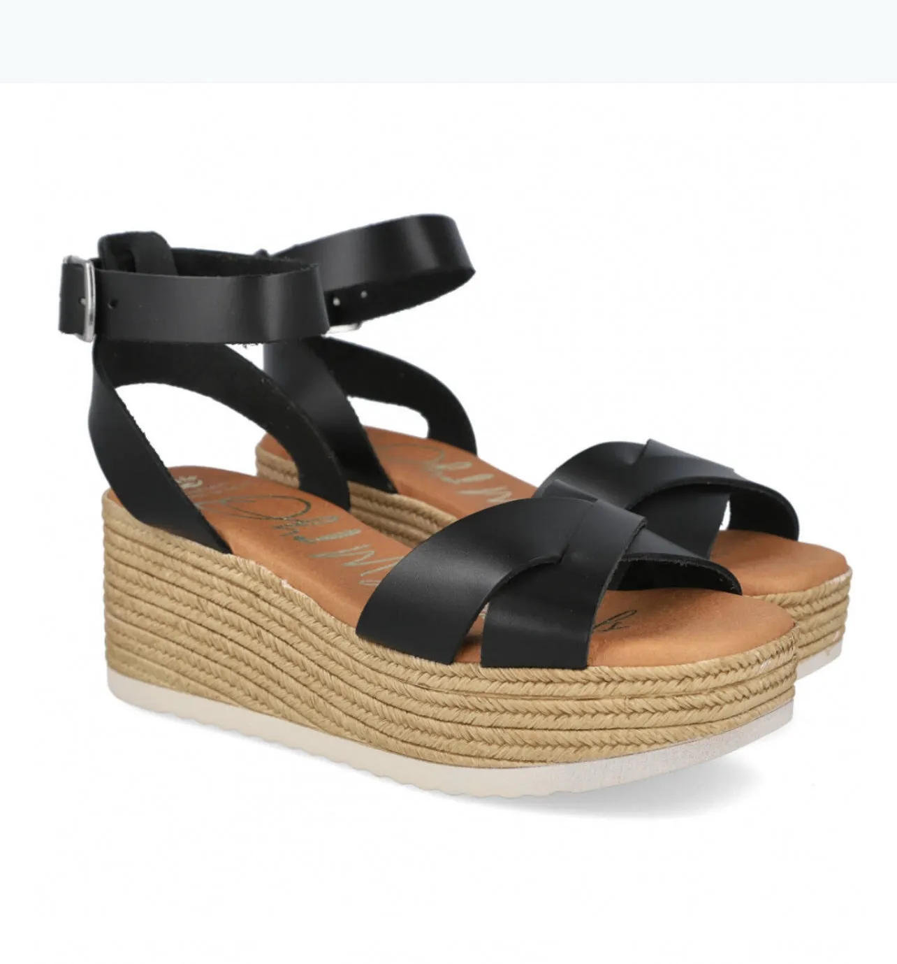 Oh My Sandals - 5445 Black Leather Wedge Sandals