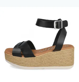 Oh My Sandals - 5445 Black Leather Wedge Sandals