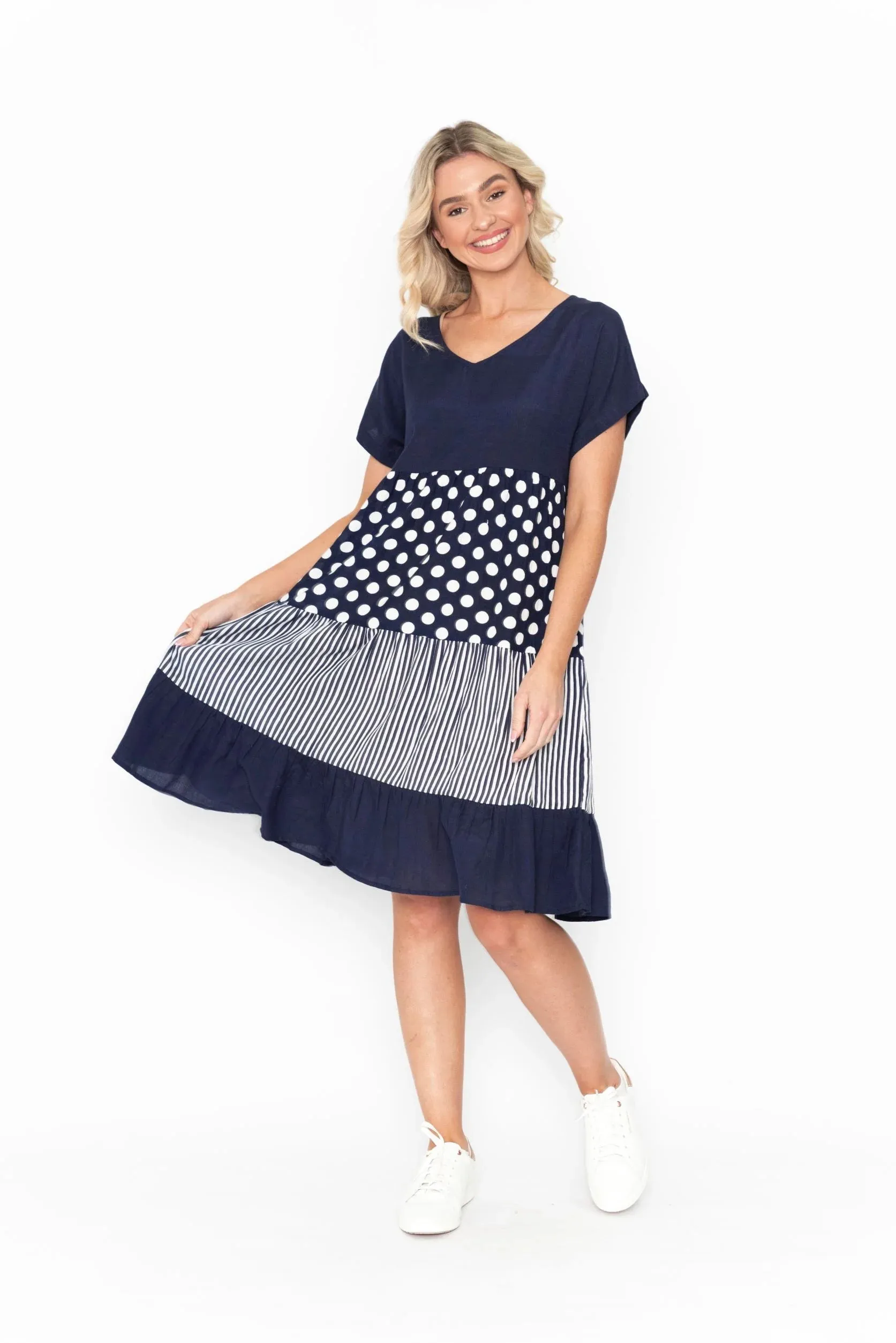 One Summer Nadia V Neck Linen Blend Spotted Tiered Dress Olive 8