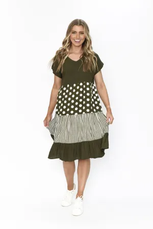 One Summer Nadia V Neck Linen Blend Spotted Tiered Dress Olive 8