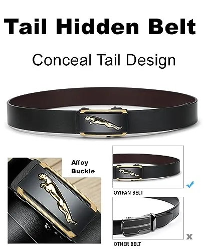 Oyifan Black Leather Belt for Men, 1 3/8 Slide Ratchet Belt For Men Dress Pant Shirt Oxfords Casual Jeans, trim To Fit