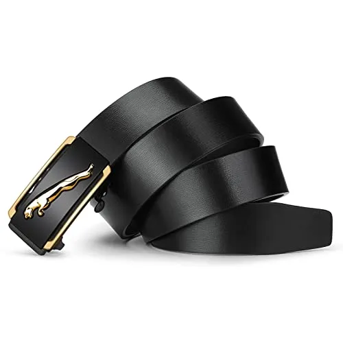 Oyifan Black Leather Belt for Men, 1 3/8 Slide Ratchet Belt For Men Dress Pant Shirt Oxfords Casual Jeans, trim To Fit