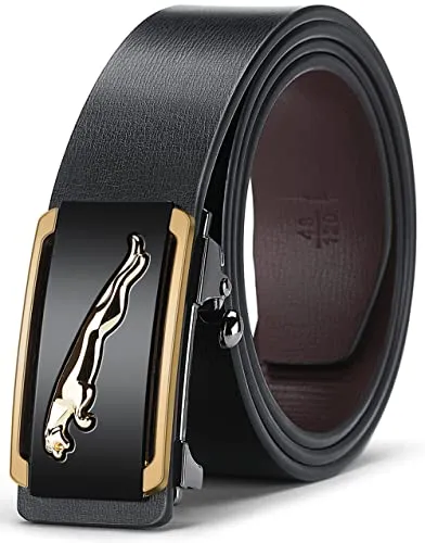 Oyifan Black Leather Belt for Men, 1 3/8 Slide Ratchet Belt For Men Dress Pant Shirt Oxfords Casual Jeans, trim To Fit