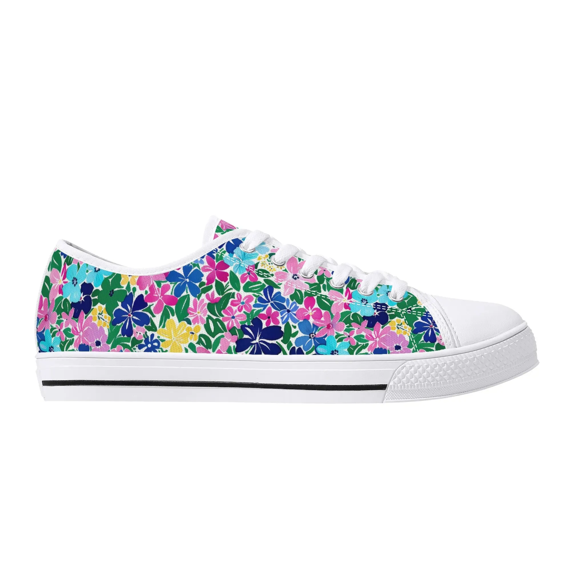Rainbow Blooms: Vibrant Multi-color Watercolor Flowers in Full Bloom Womens Low Top Canvas Sneakers US5.5 - US12