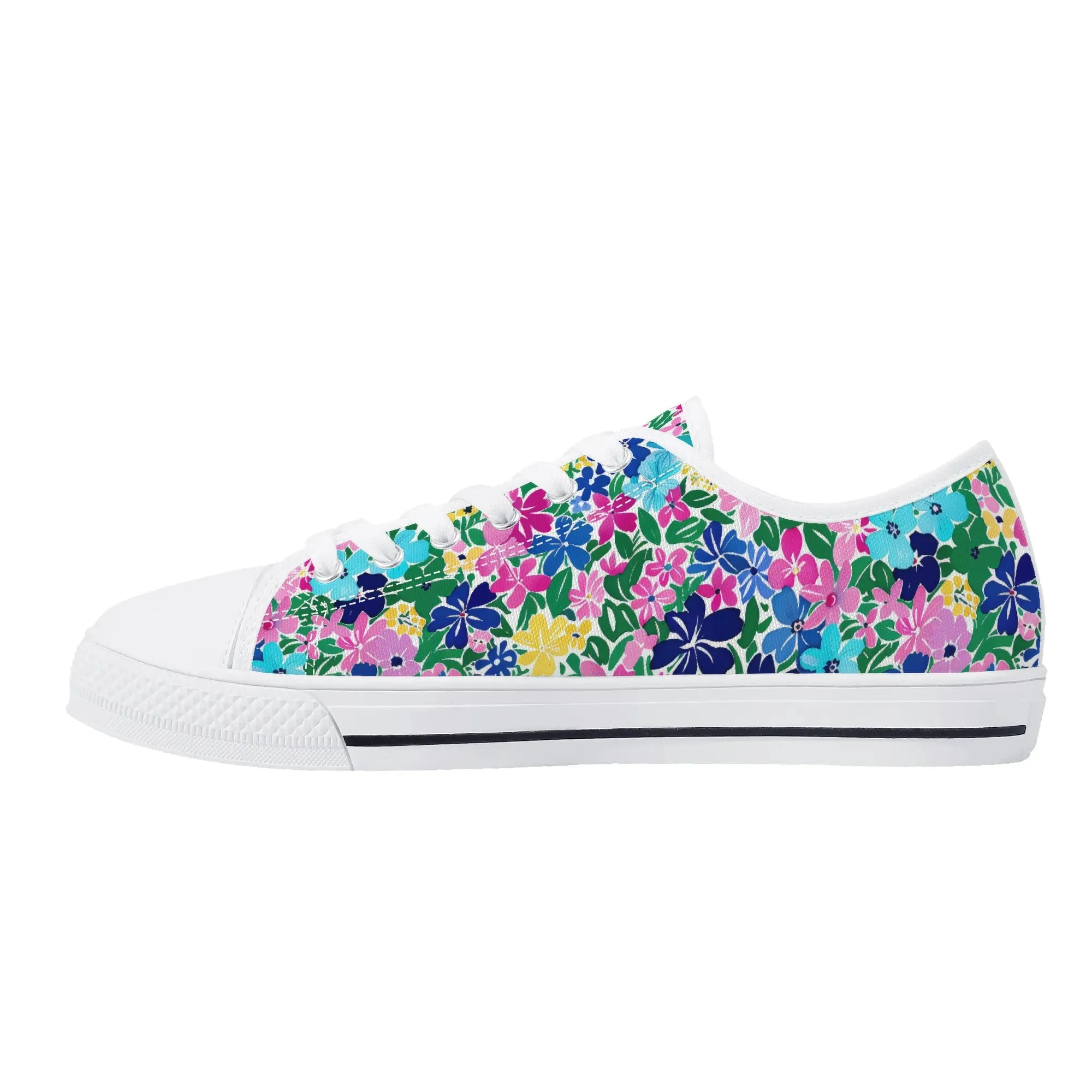 Rainbow Blooms: Vibrant Multi-color Watercolor Flowers in Full Bloom Womens Low Top Canvas Sneakers US5.5 - US12