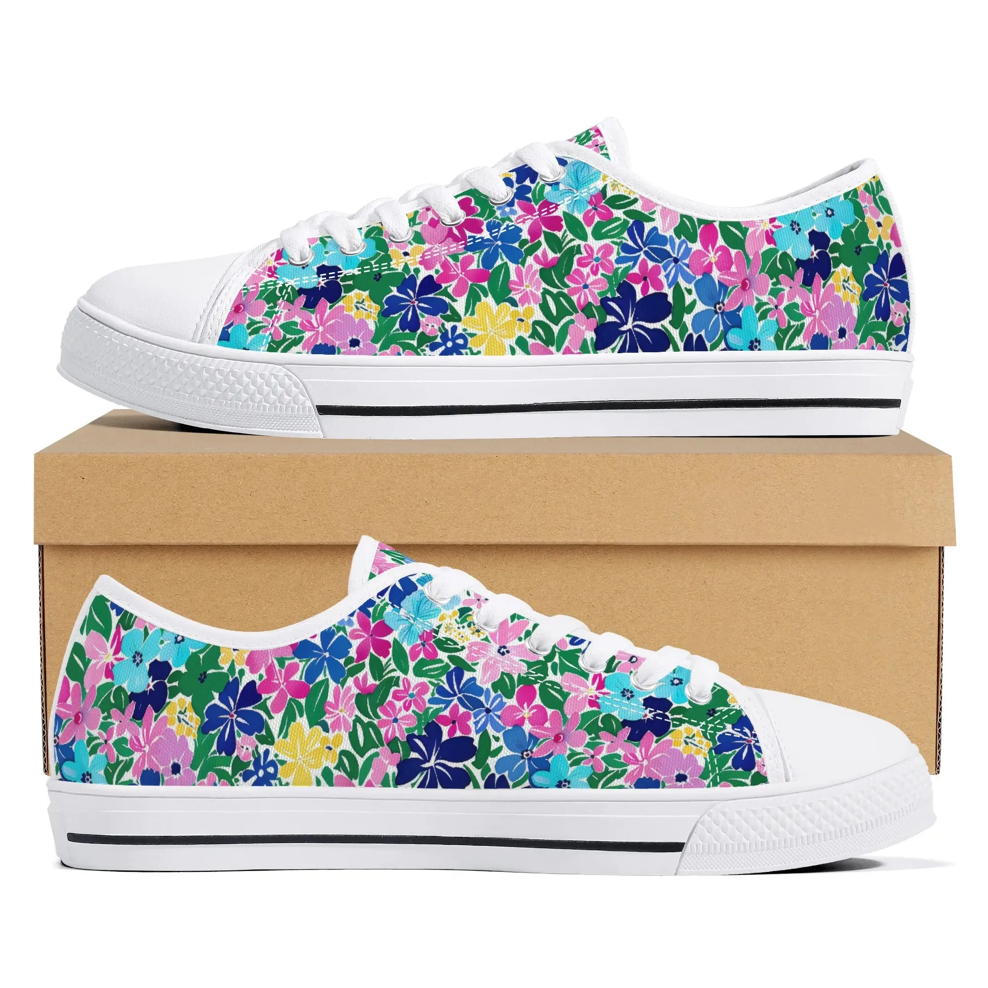 Rainbow Blooms: Vibrant Multi-color Watercolor Flowers in Full Bloom Womens Low Top Canvas Sneakers US5.5 - US12