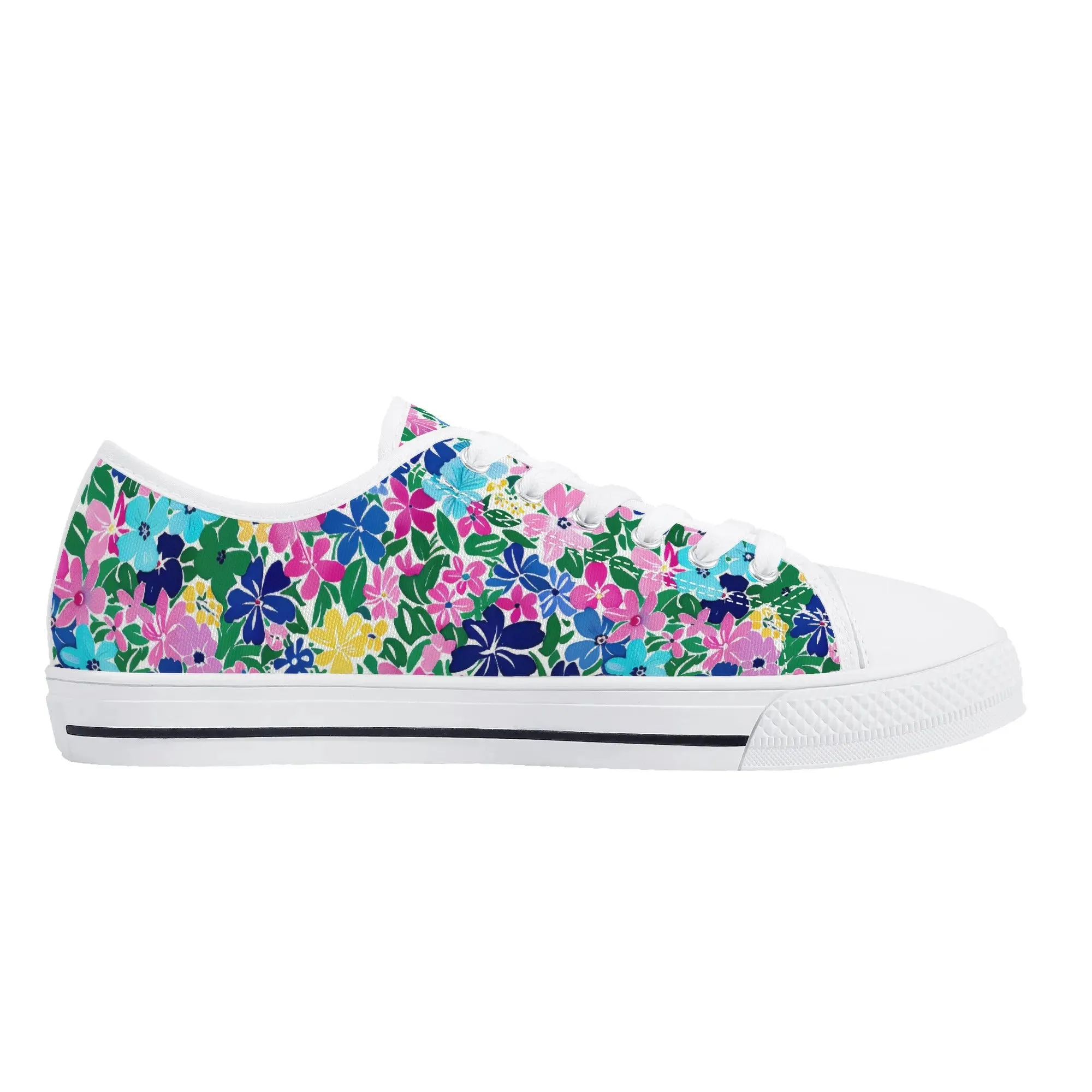 Rainbow Blooms: Vibrant Multi-color Watercolor Flowers in Full Bloom Womens Low Top Canvas Sneakers US5.5 - US12