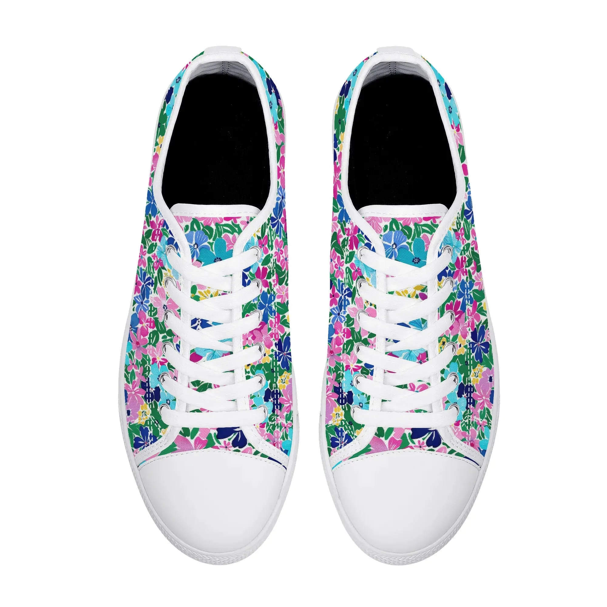 Rainbow Blooms: Vibrant Multi-color Watercolor Flowers in Full Bloom Womens Low Top Canvas Sneakers US5.5 - US12