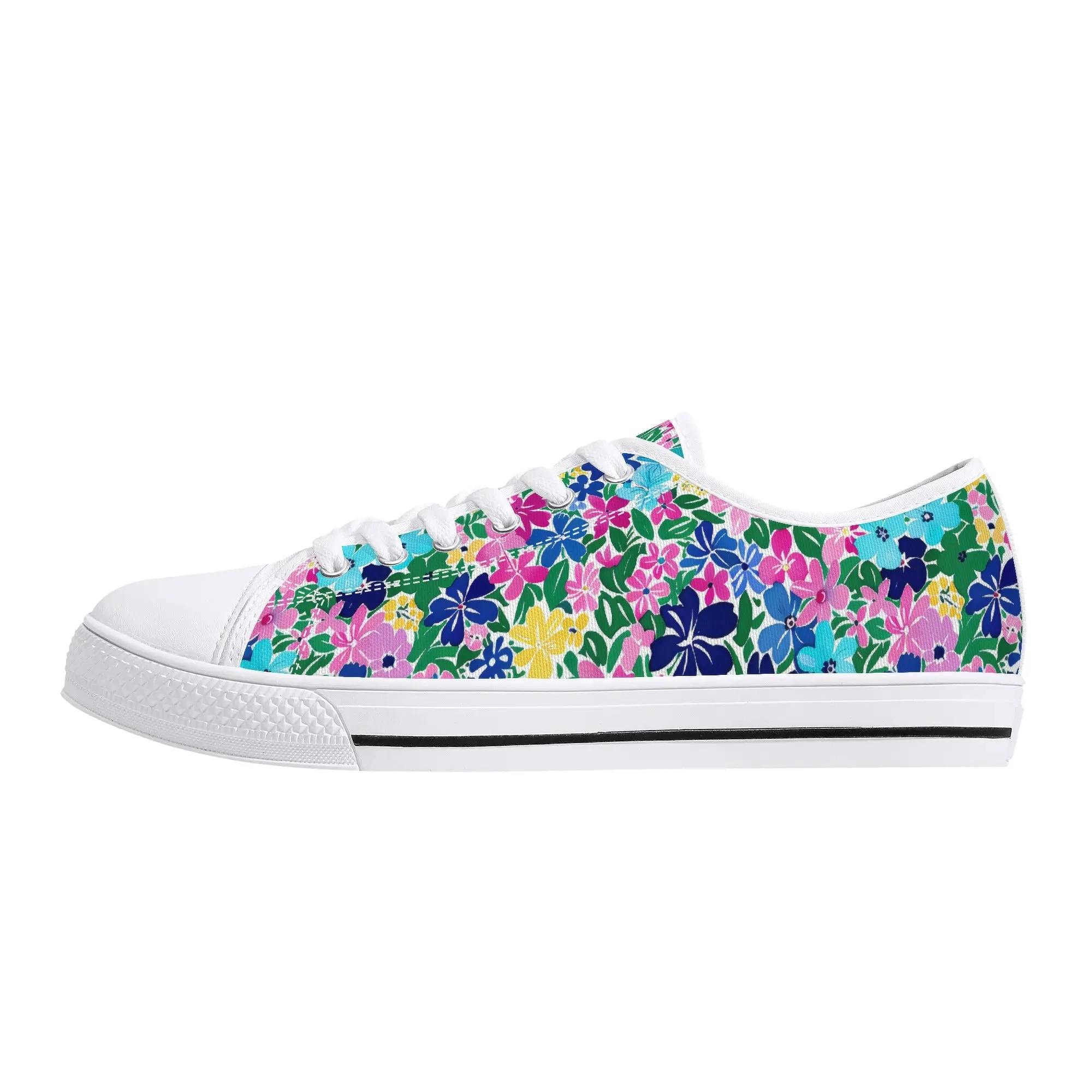 Rainbow Blooms: Vibrant Multi-color Watercolor Flowers in Full Bloom Womens Low Top Canvas Sneakers US5.5 - US12