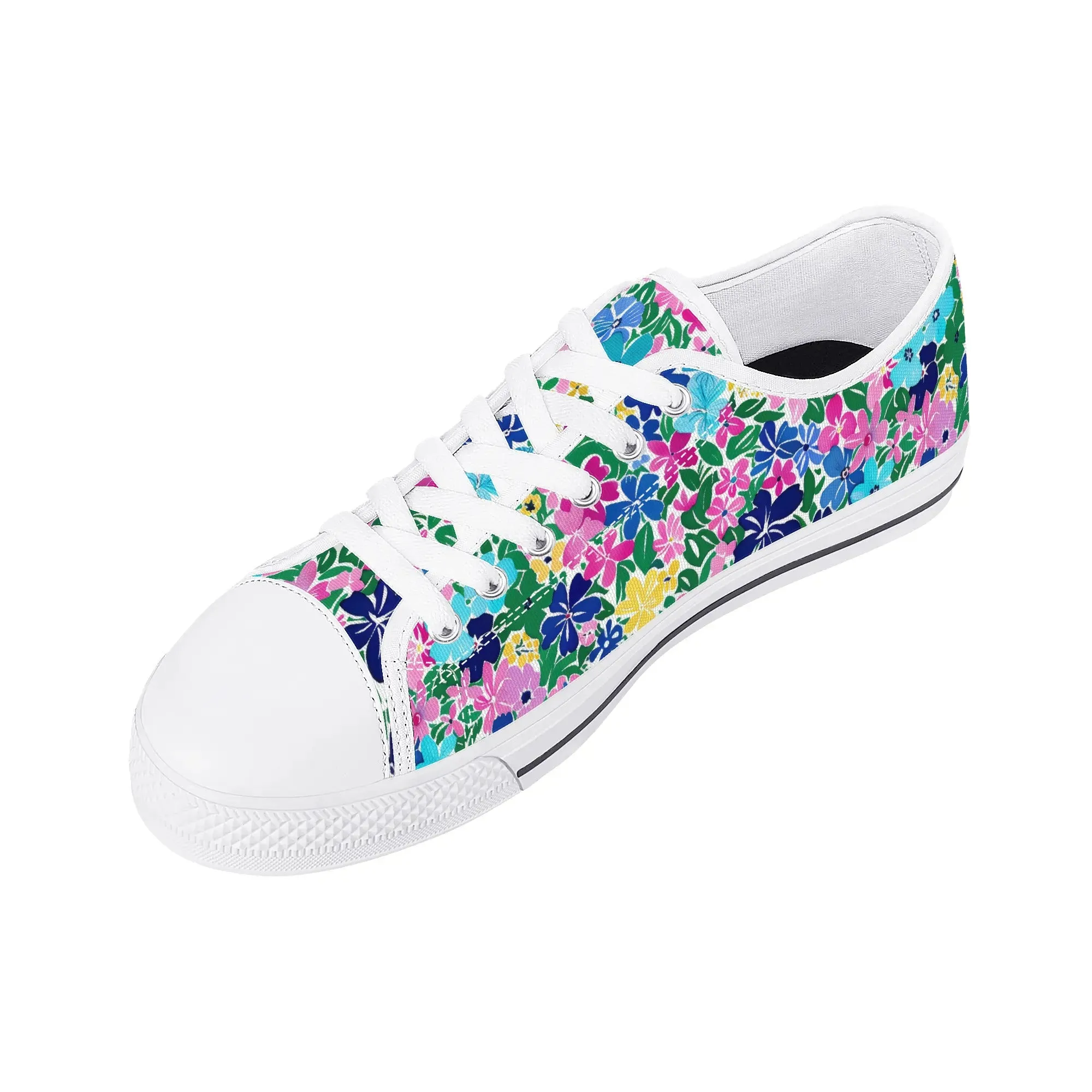 Rainbow Blooms: Vibrant Multi-color Watercolor Flowers in Full Bloom Womens Low Top Canvas Sneakers US5.5 - US12