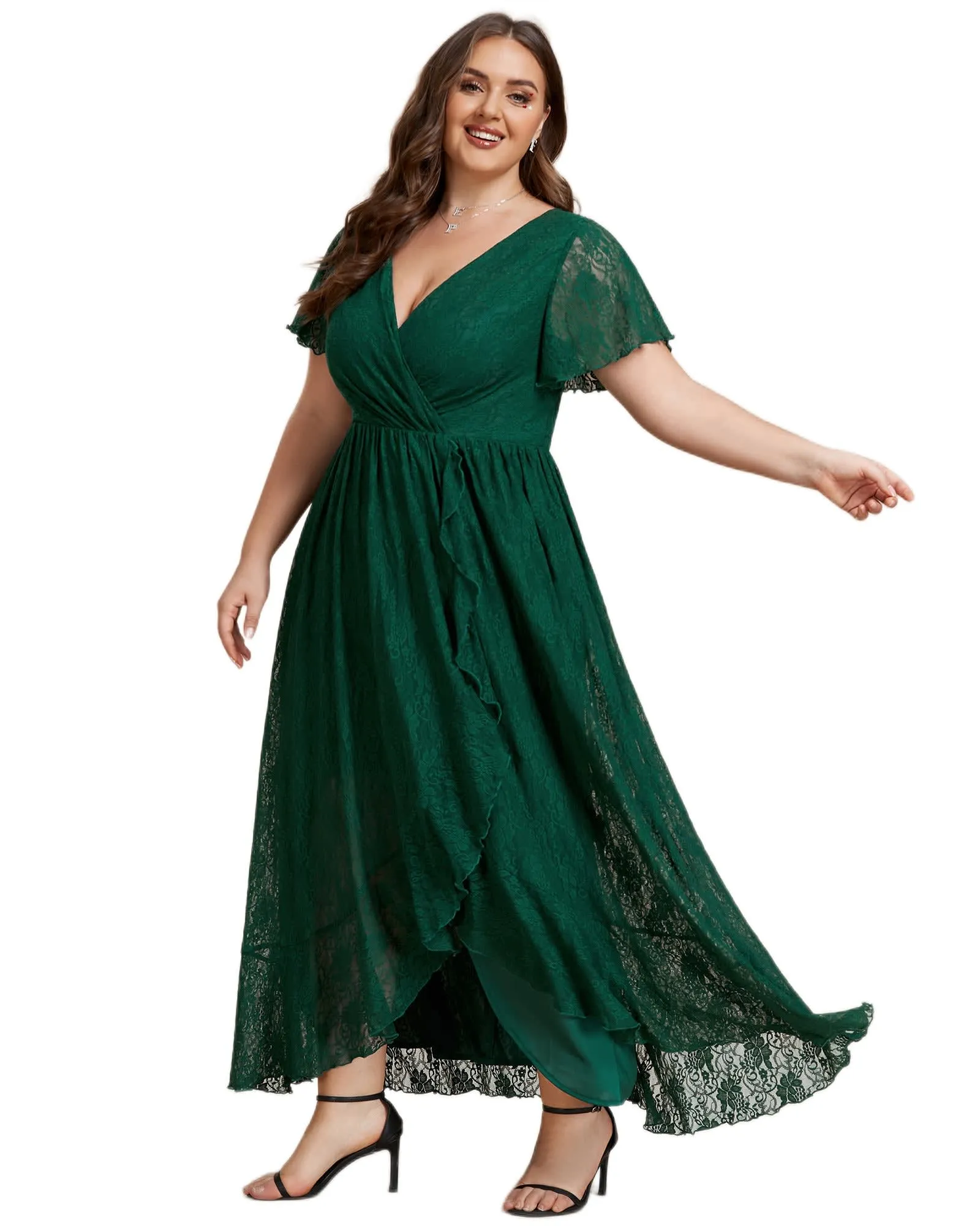 Short Sleeve Ruffled V-Neck A-Line Lace Evening Dress | Dark Green