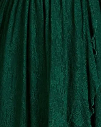 Short Sleeve Ruffled V-Neck A-Line Lace Evening Dress | Dark Green