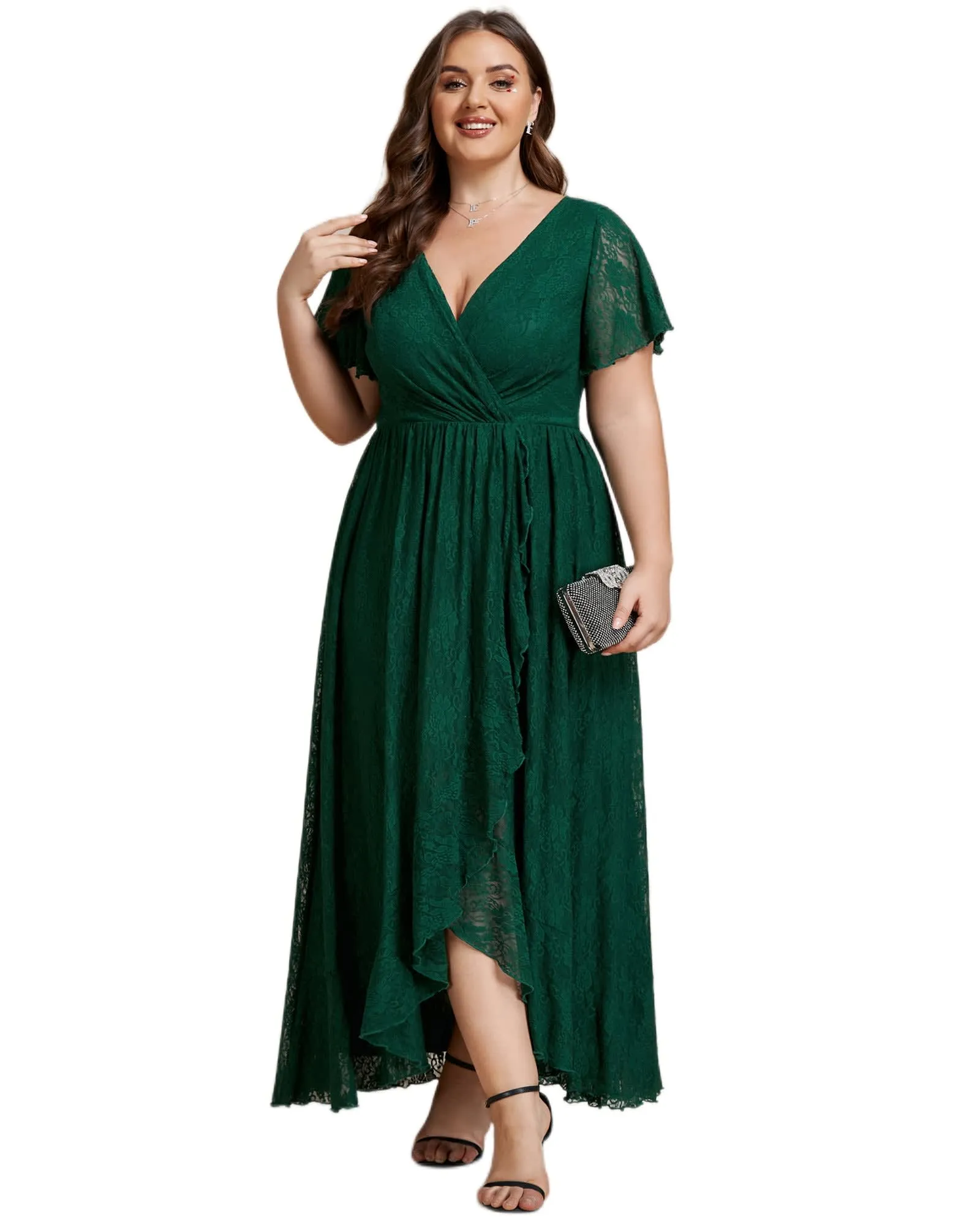 Short Sleeve Ruffled V-Neck A-Line Lace Evening Dress | Dark Green
