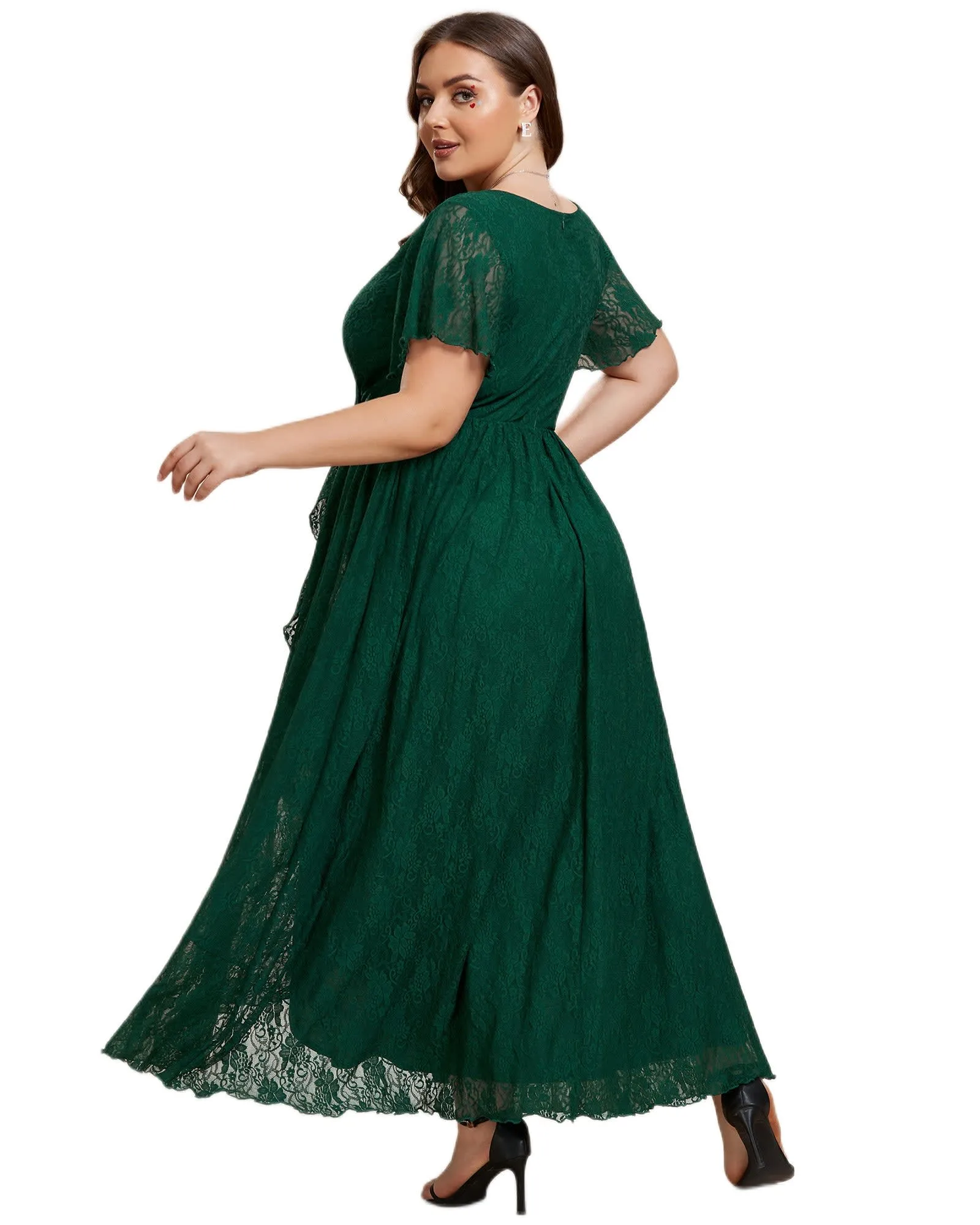 Short Sleeve Ruffled V-Neck A-Line Lace Evening Dress | Dark Green